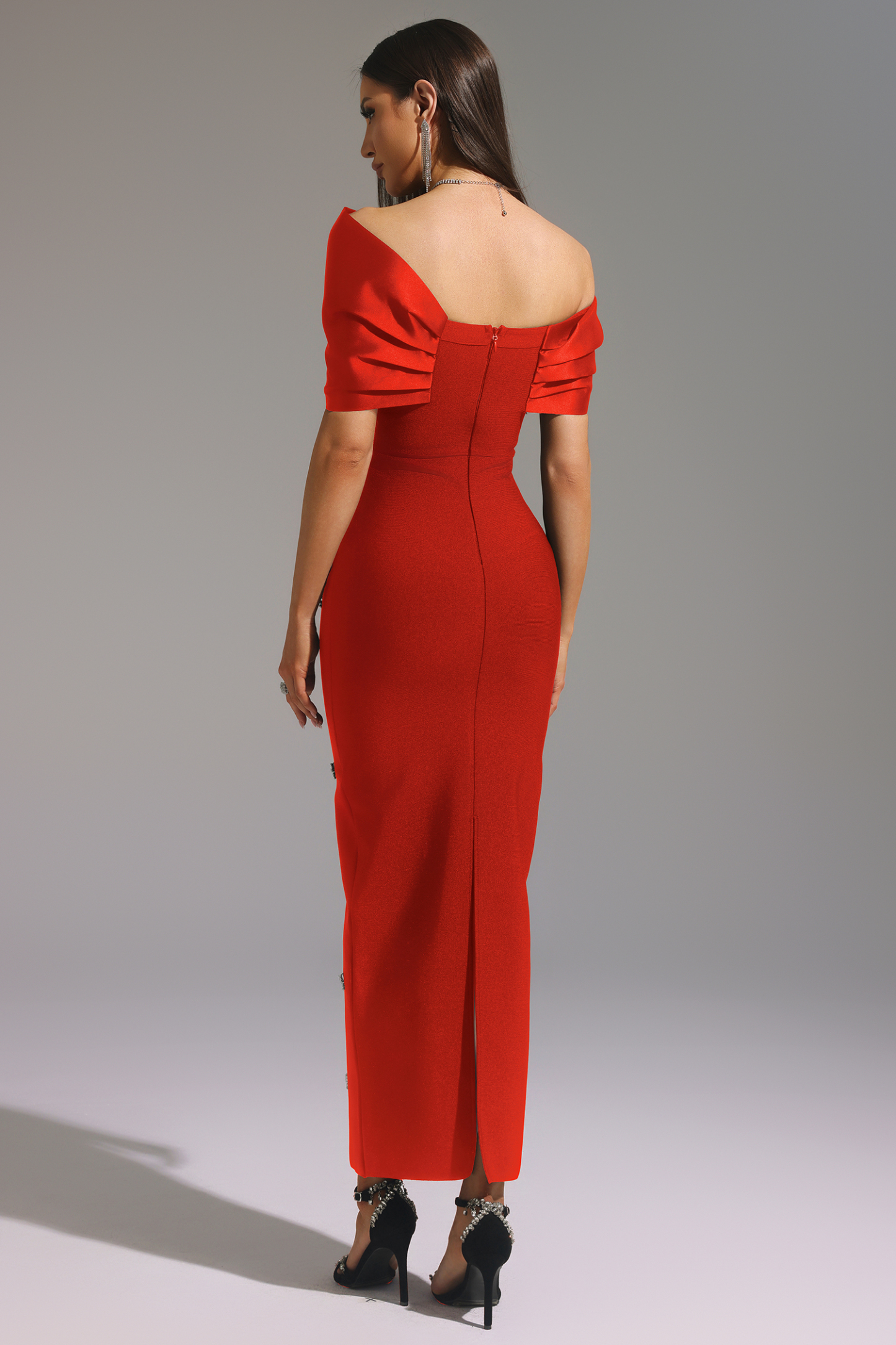 Palez Sleeveless One Shoulder Diamond Bow Bandage Maxi Dress