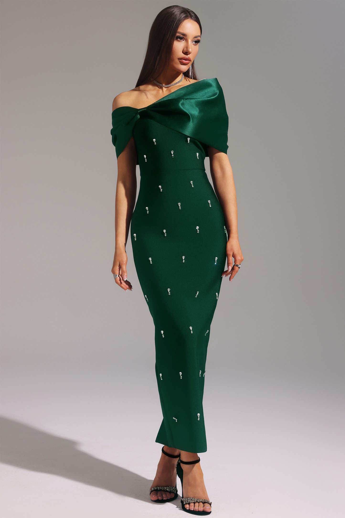 Palez Sleeveless One Shoulder Diamond Bow Bandage Maxi Dress