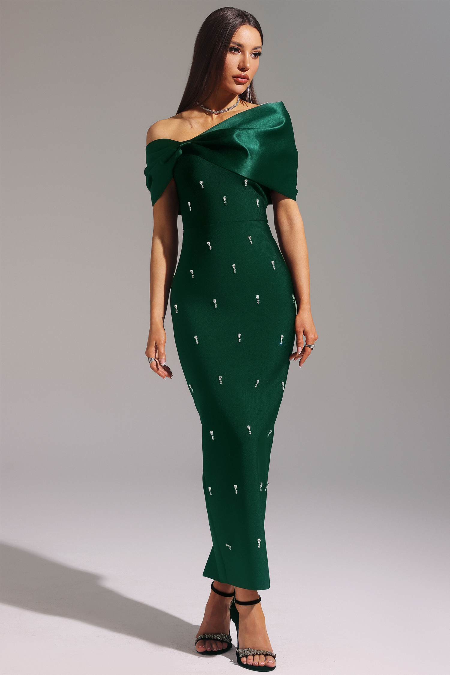 Palez Sleeveless One Shoulder Diamond Bow Bandage Maxi Dress