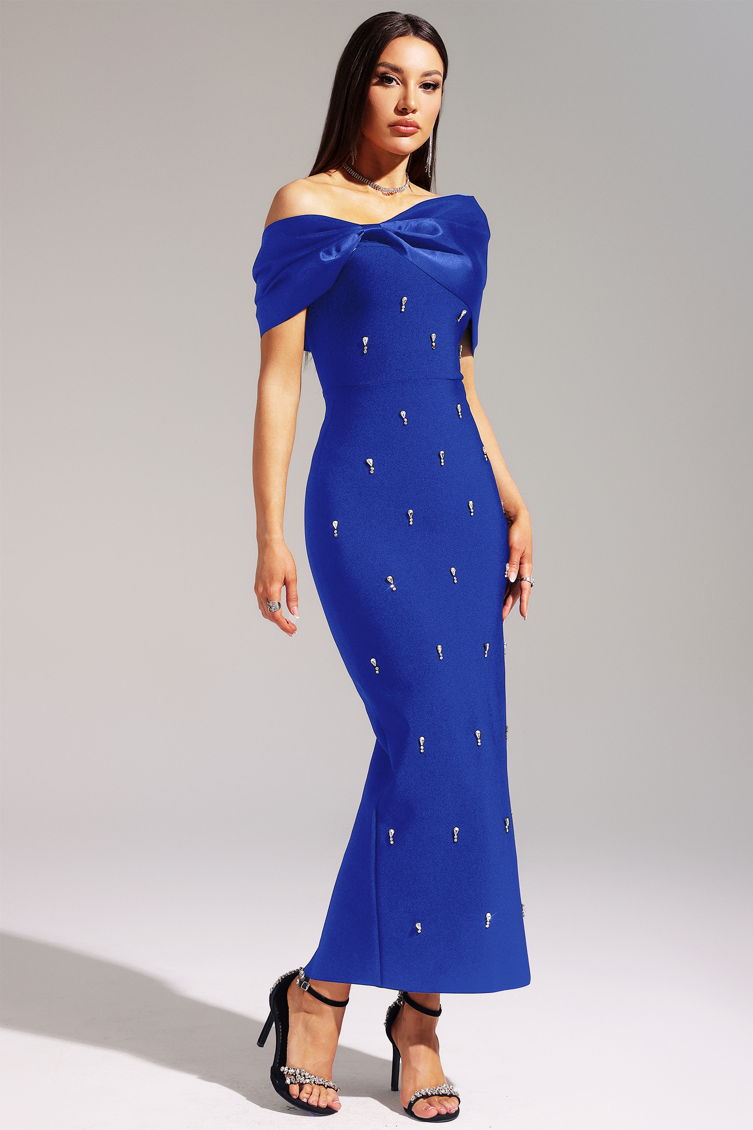 Palez Sleeveless One Shoulder Diamond Bow Bandage Maxi Dress