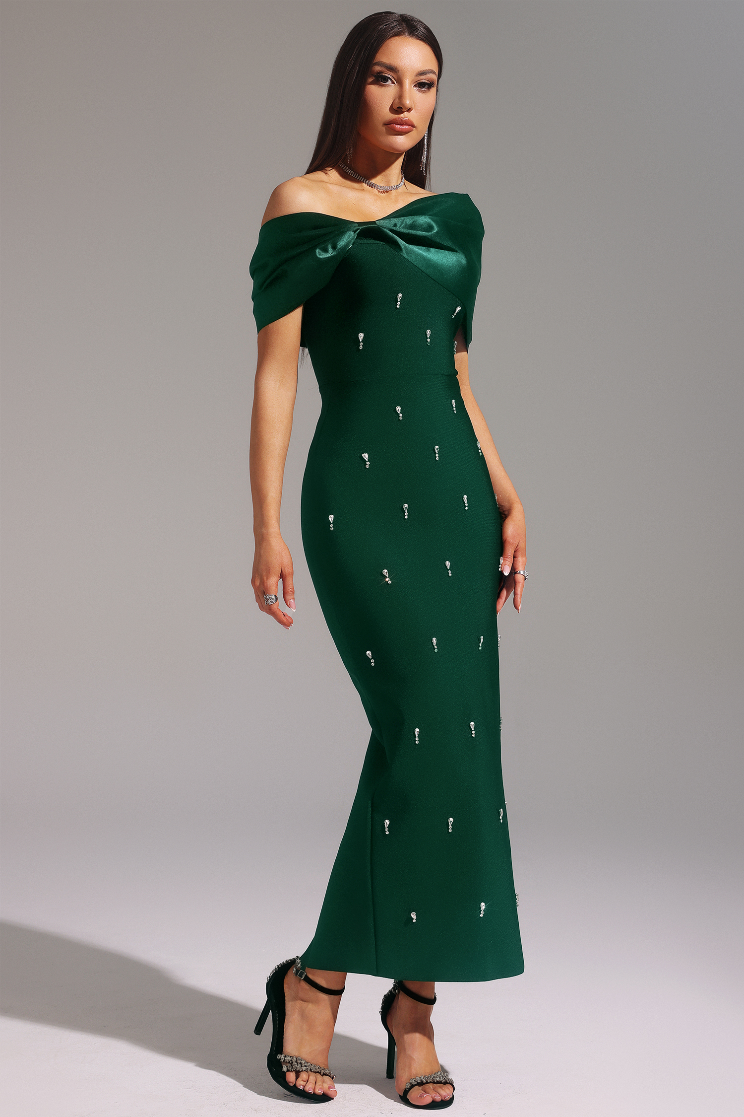 Palez Sleeveless One Shoulder Diamond Bow Bandage Maxi Dress