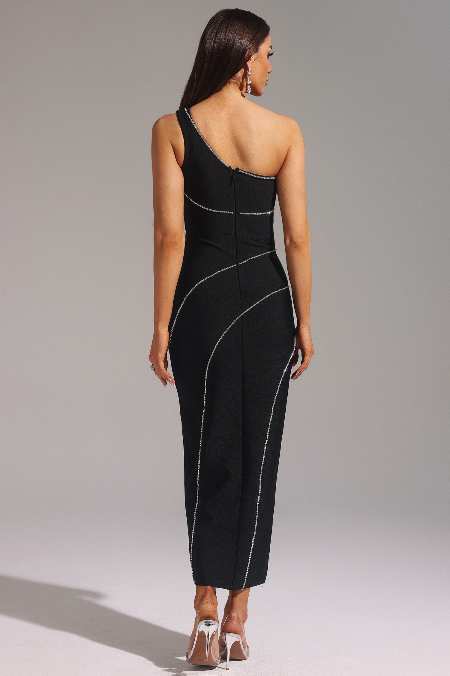 Saga One Shoulder Netting Diamond Banage Maxi Dress