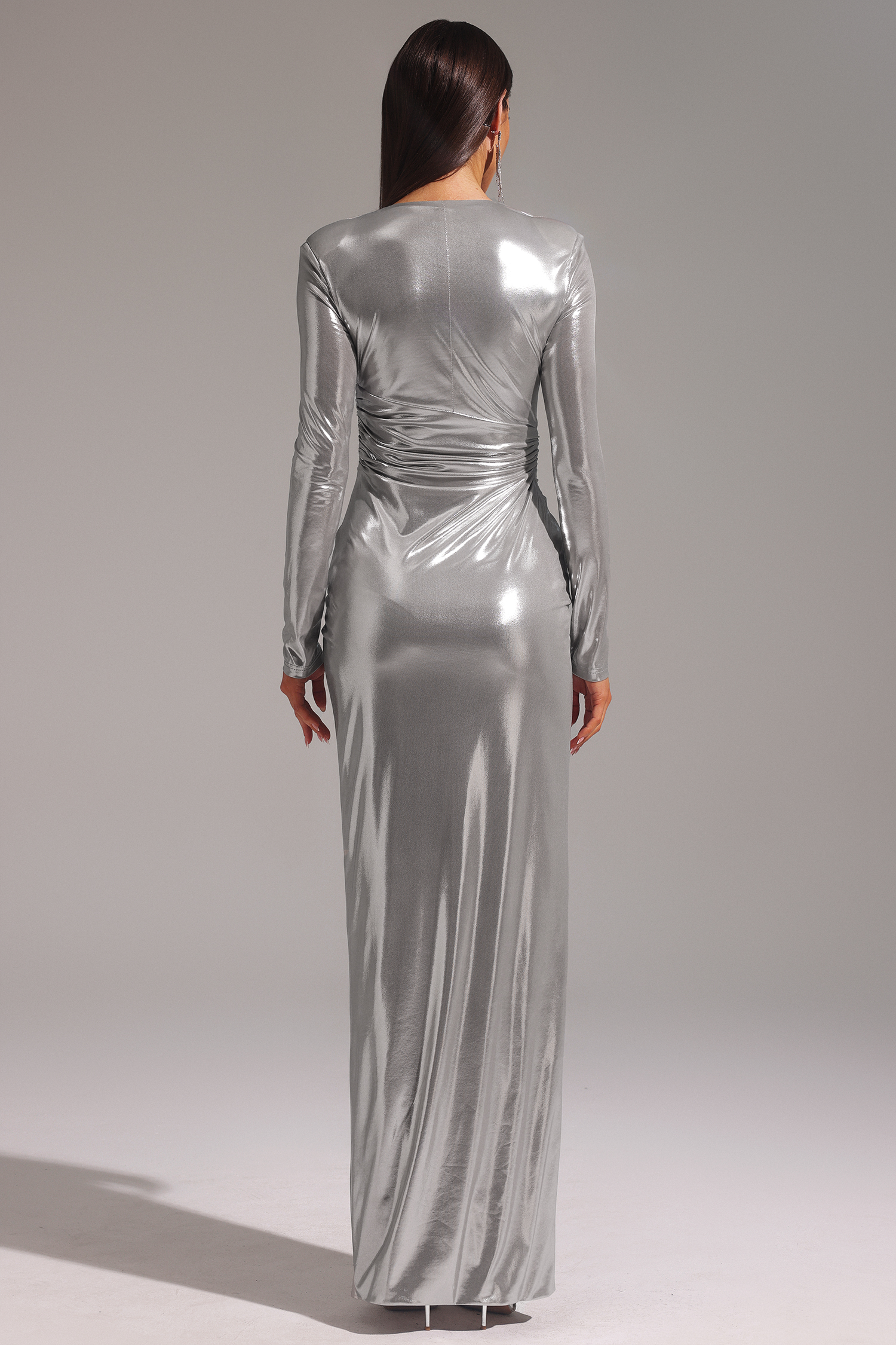 Linka Deep V Long Sleeve Shirr Maxi Dress