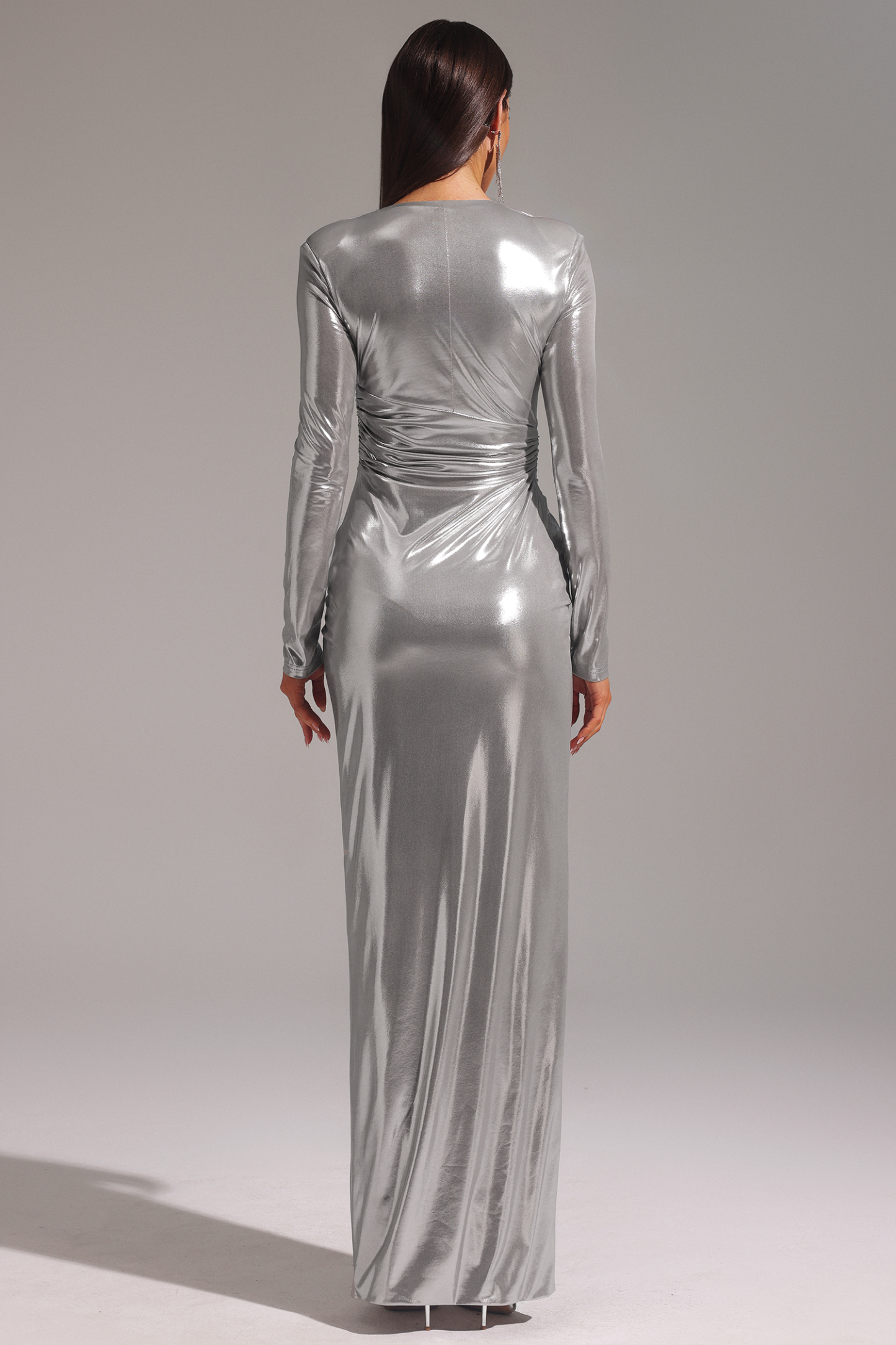 Linka Deep V Long Sleeve Shirr Maxi Dress