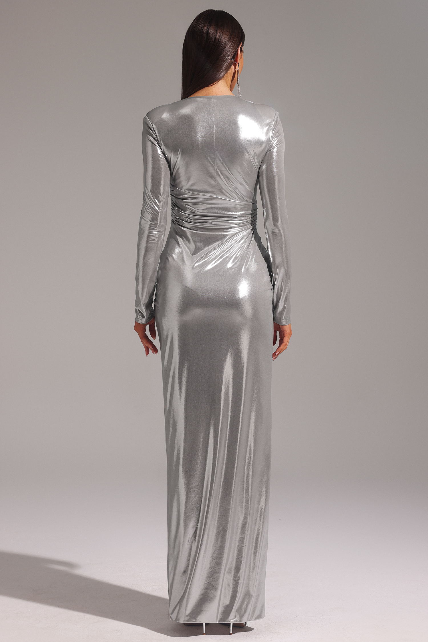 Linka Deep V Long Sleeve Shirr Maxi Dress