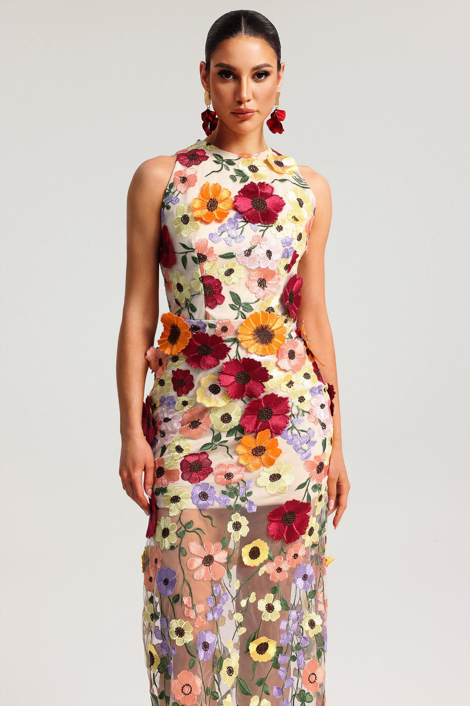 Ulasa Sleeveless Embroidery Flowers Maxi Dress