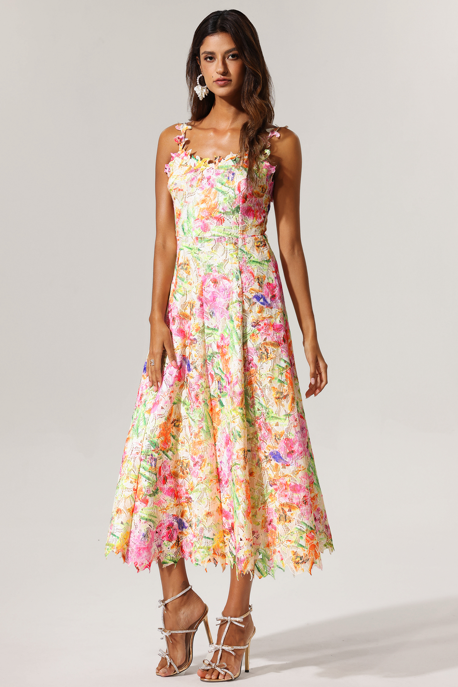 Renata Halter Floral Printed Lace Hollow Out Maxi Dress