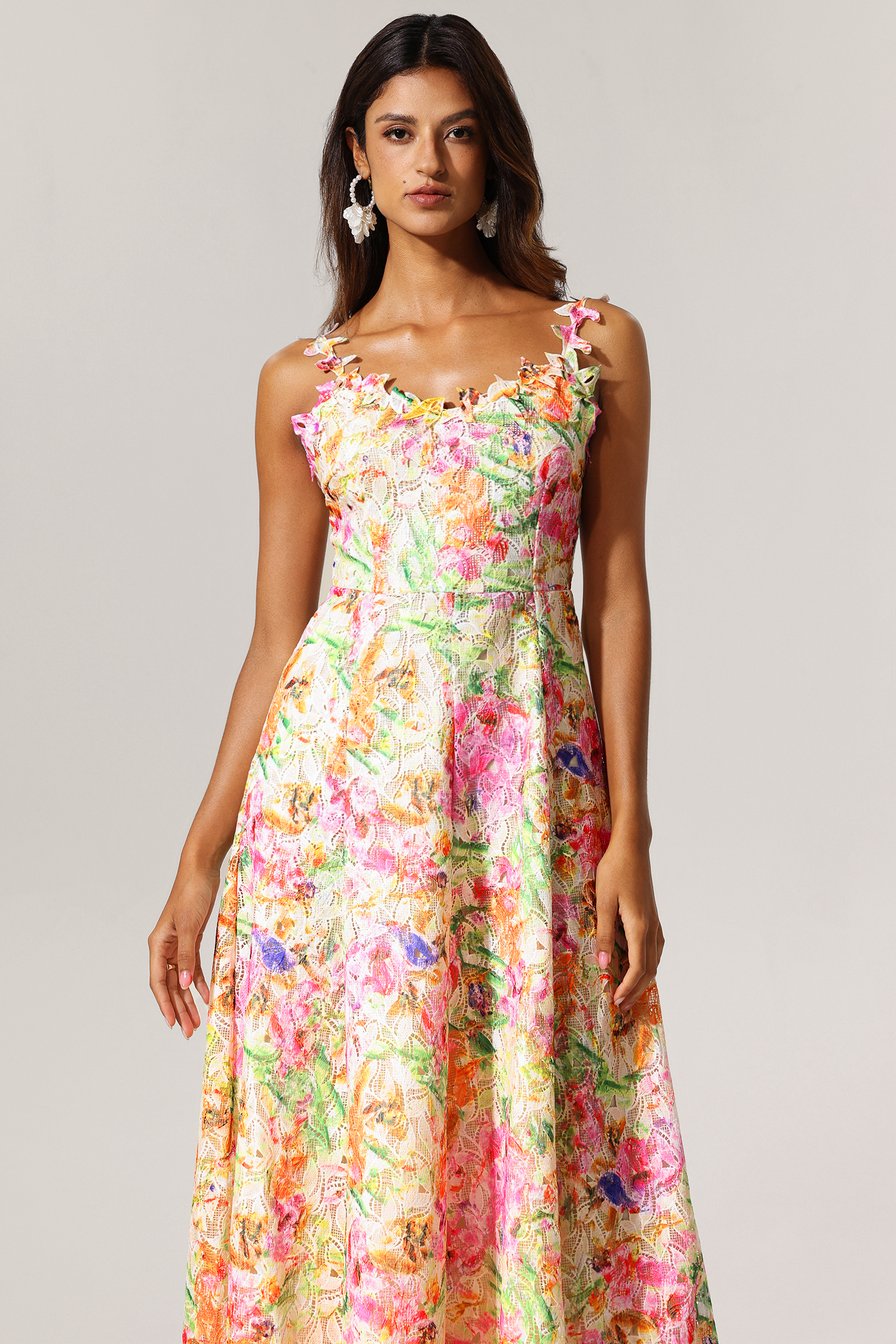 Renata Halter Floral Printed Lace Hollow Out Maxi Dress