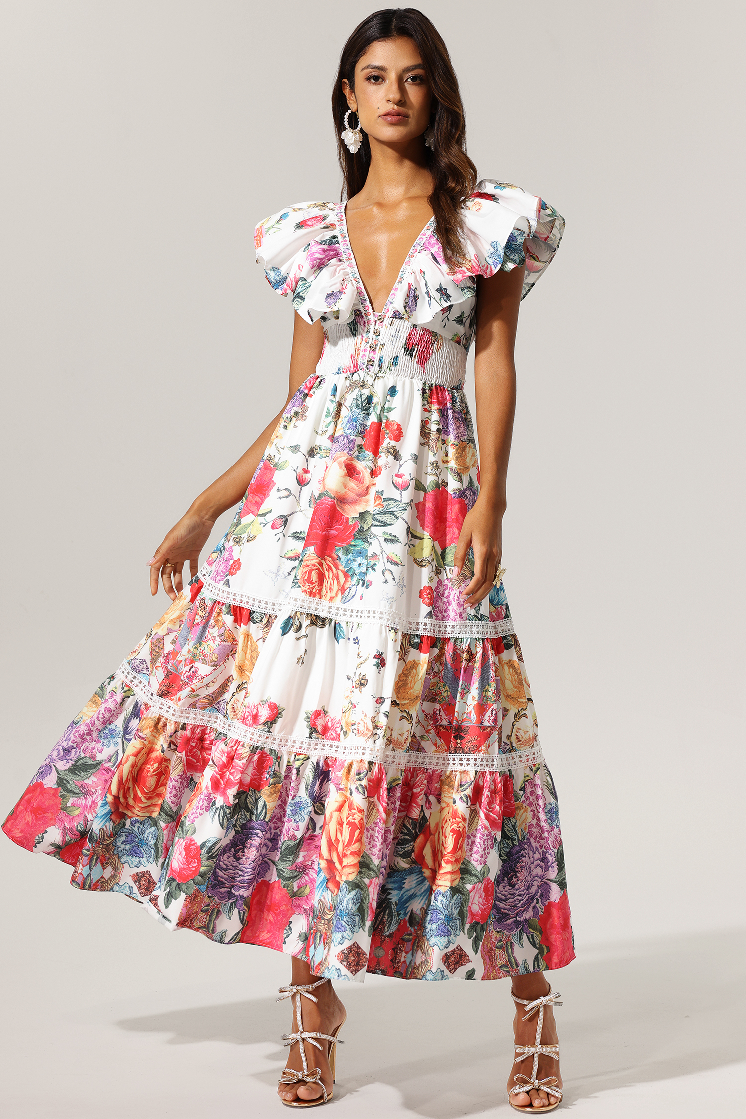 Violet Backless Ruffle Floral Printed Maxi Dress