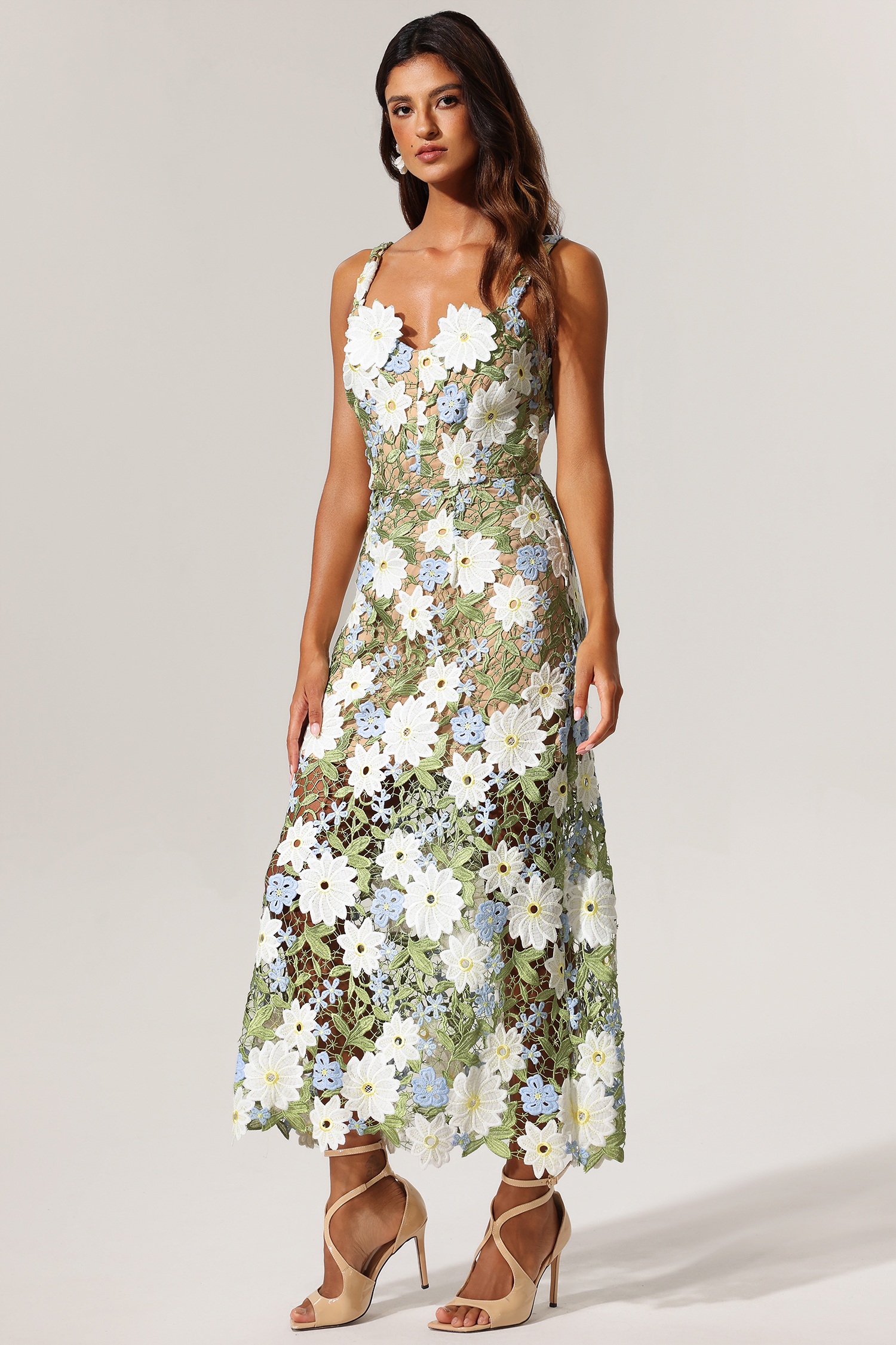 Diomond Halter Hollow Out Flowers Lace Maxi Dress