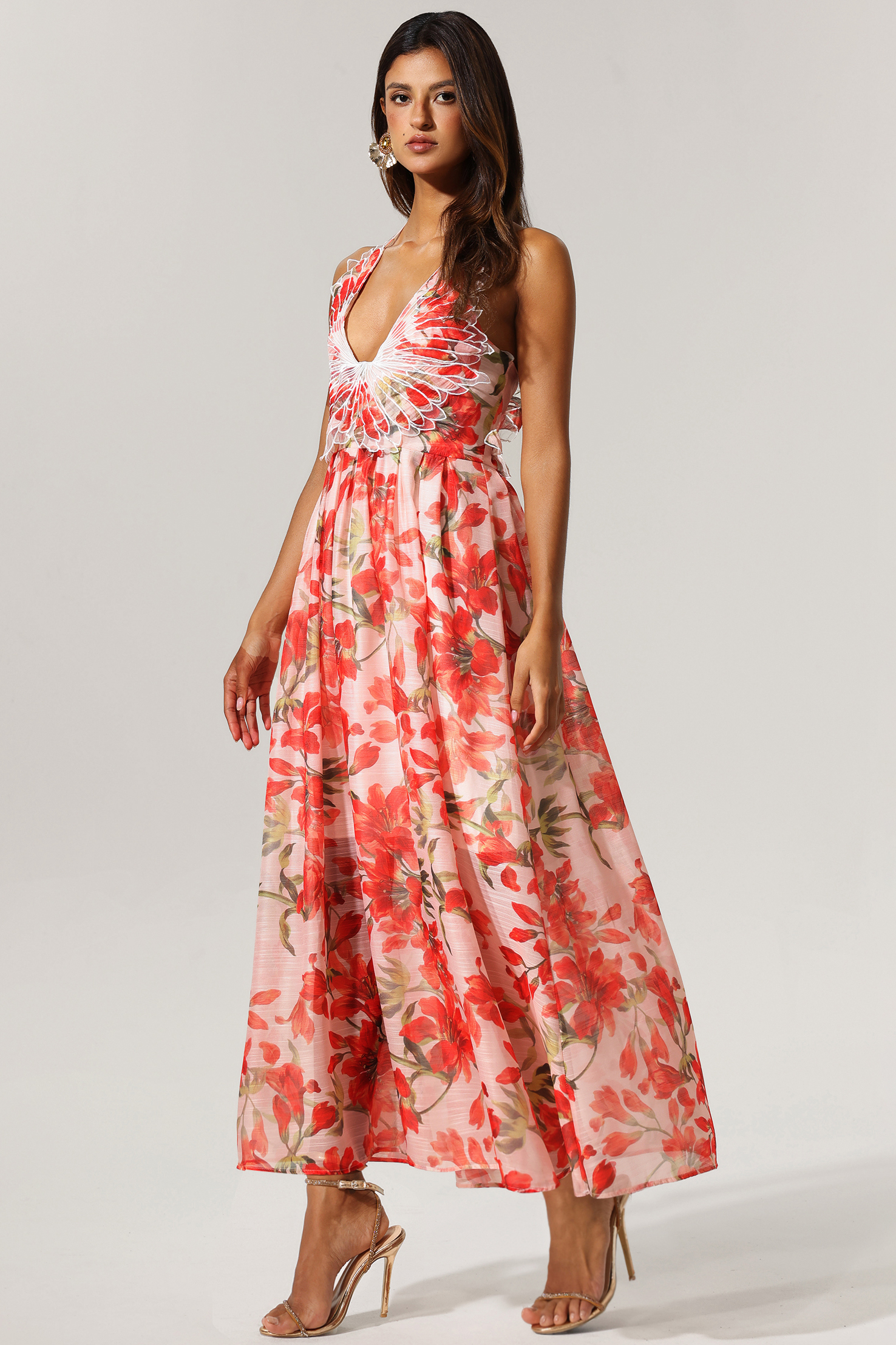 Yarera V Neck Sleeveless Floral Printed  Maxi Dress