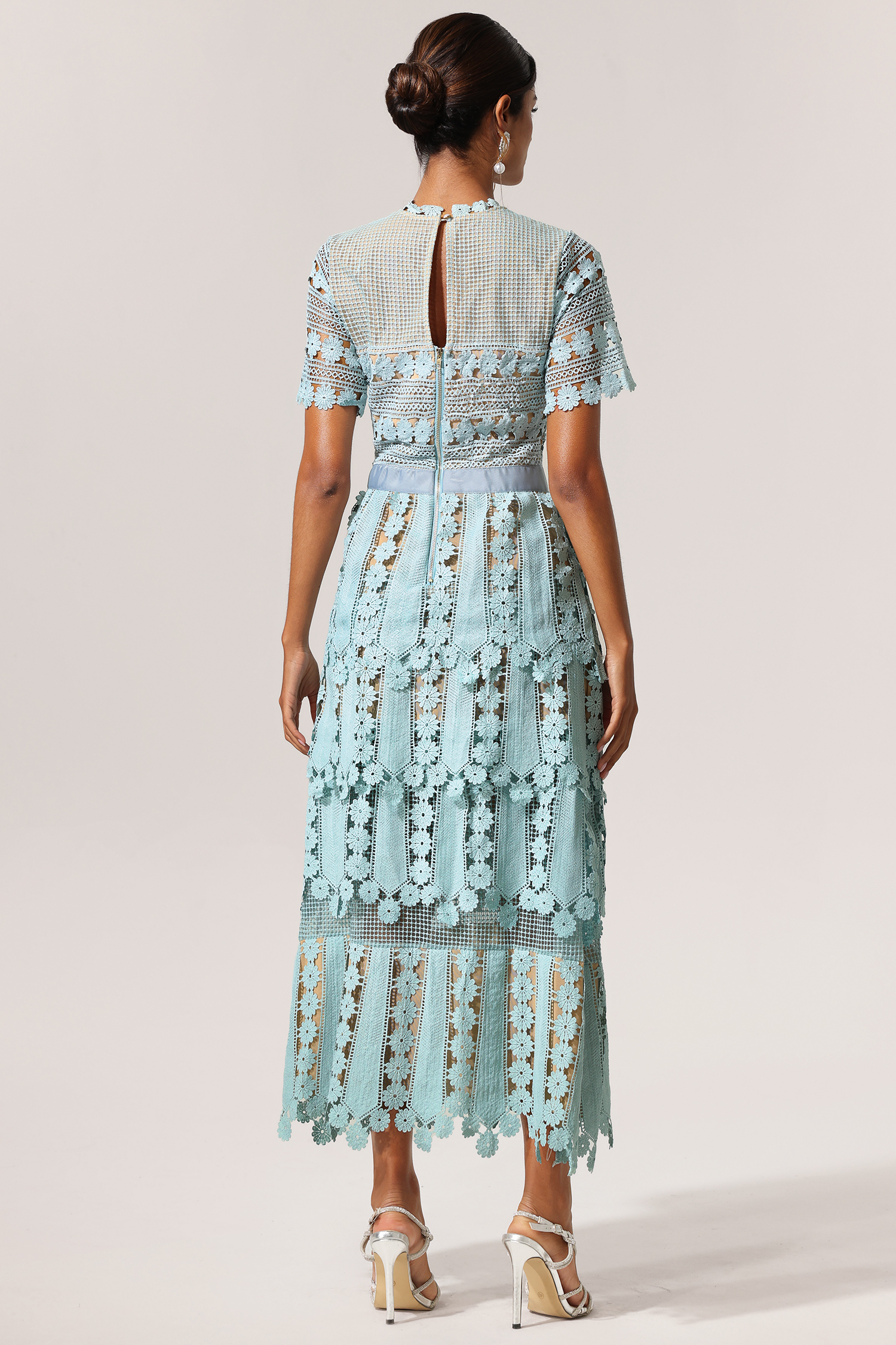 Hanava Short Sleeves Hollow Out Lace Maxi Dress