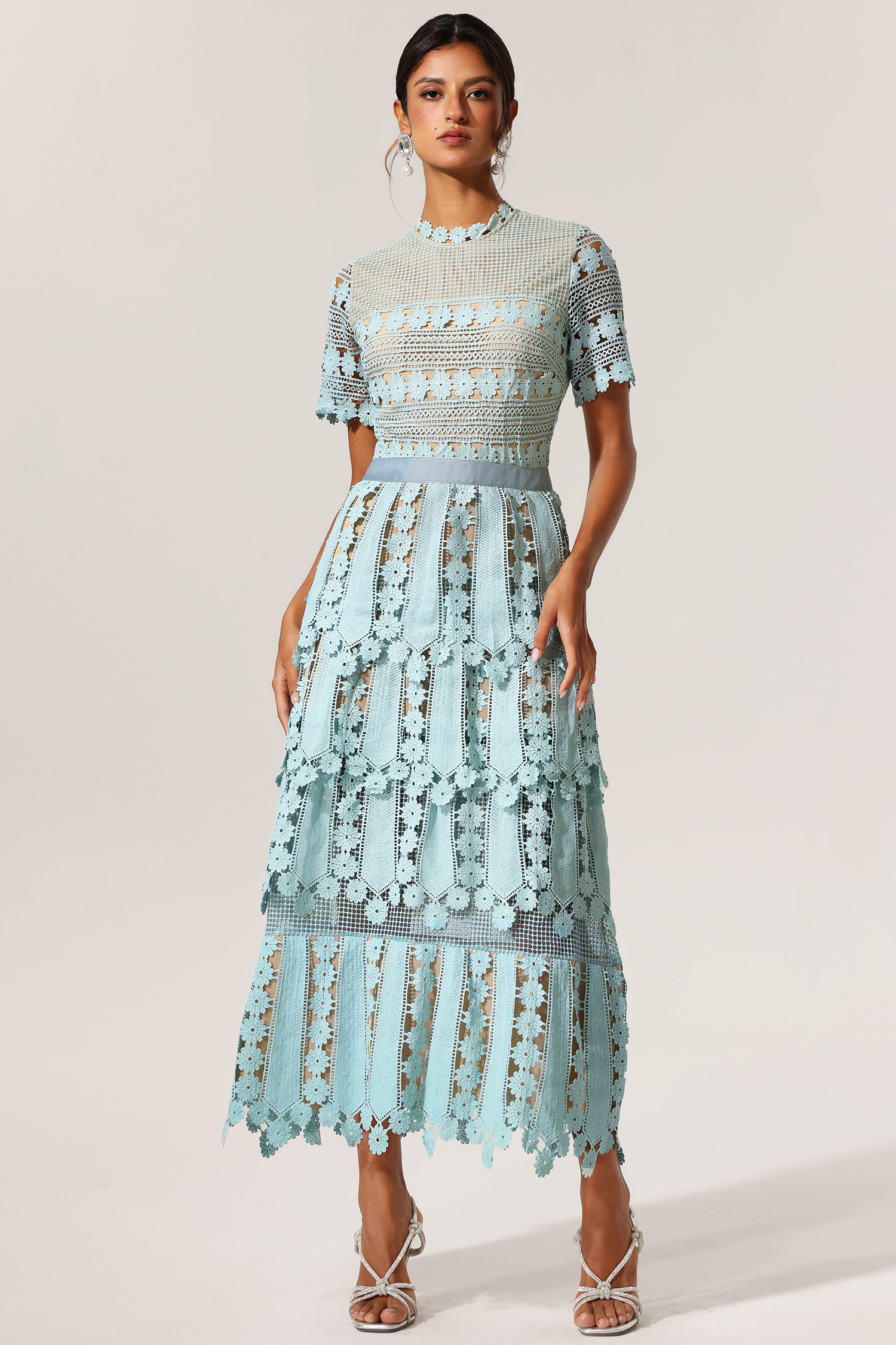 Hanava Short Sleeves Hollow Out Lace Maxi Dress