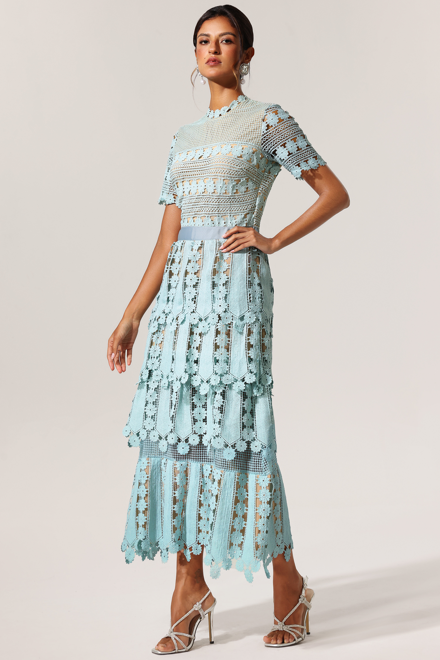 Hanava Short Sleeves Hollow Out Lace Maxi Dress