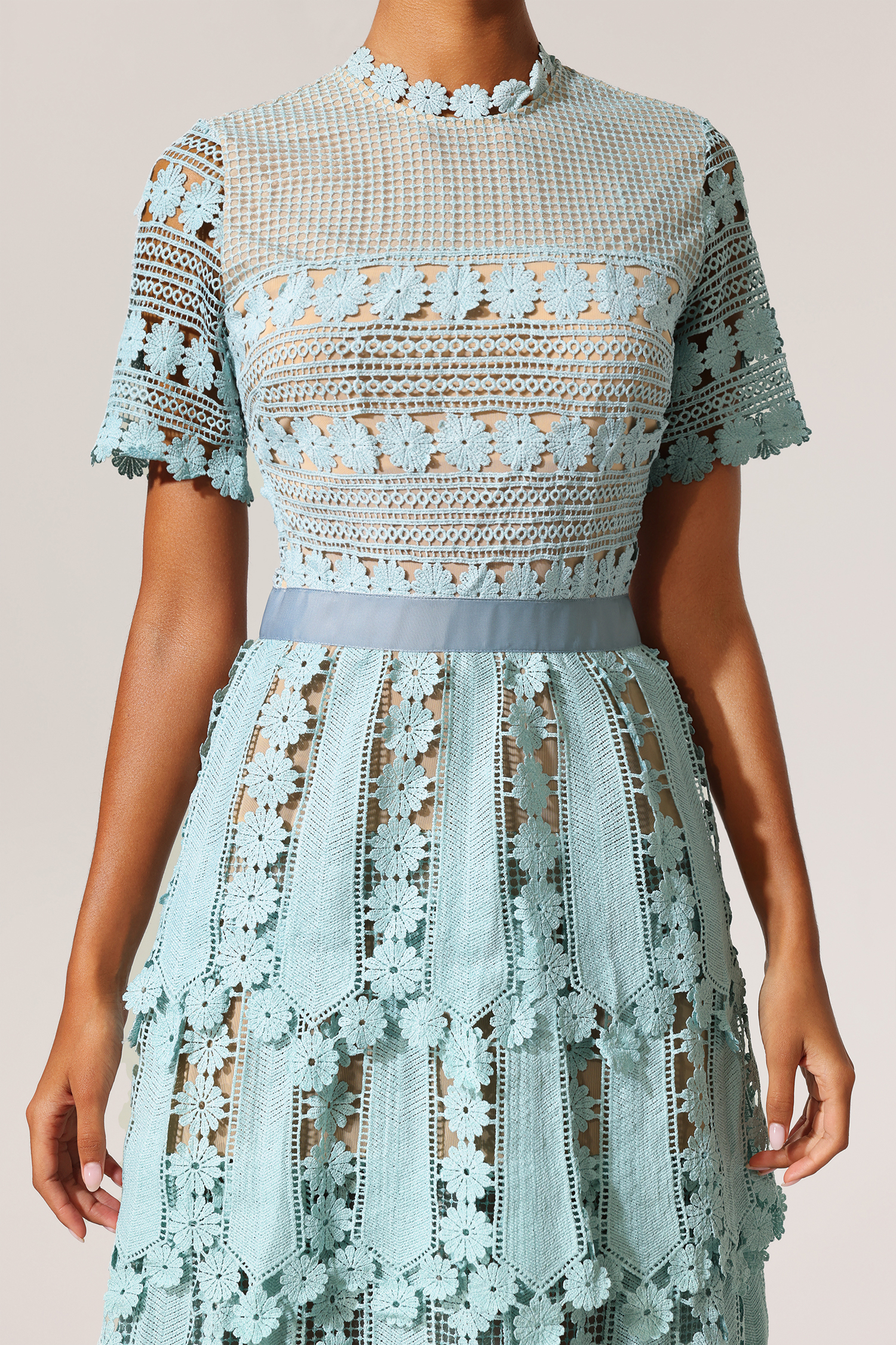 Hanava Short Sleeves Hollow Out Lace Maxi Dress