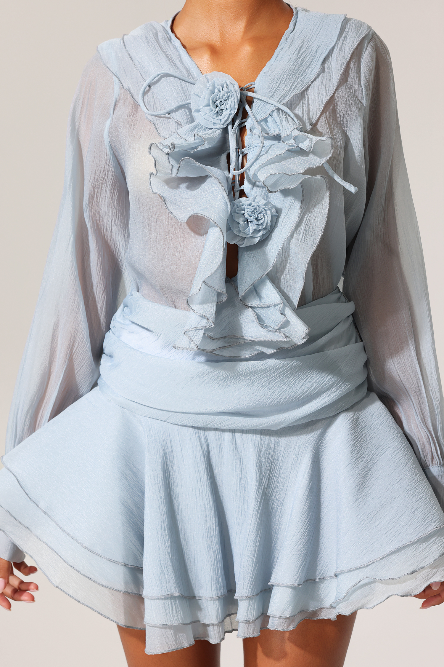 Maoma Flowers Lacing Ruffled Long Sleeves Top And Skirt Two-Piece Set