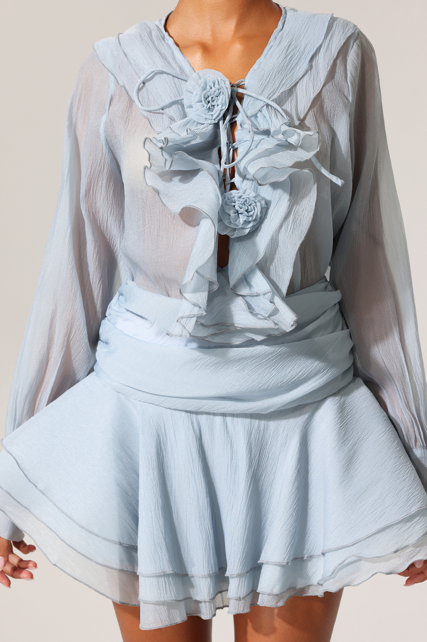 Maoma Flowers Lacing Ruffled Long Sleeves Top And Skirt Two-Piece Set