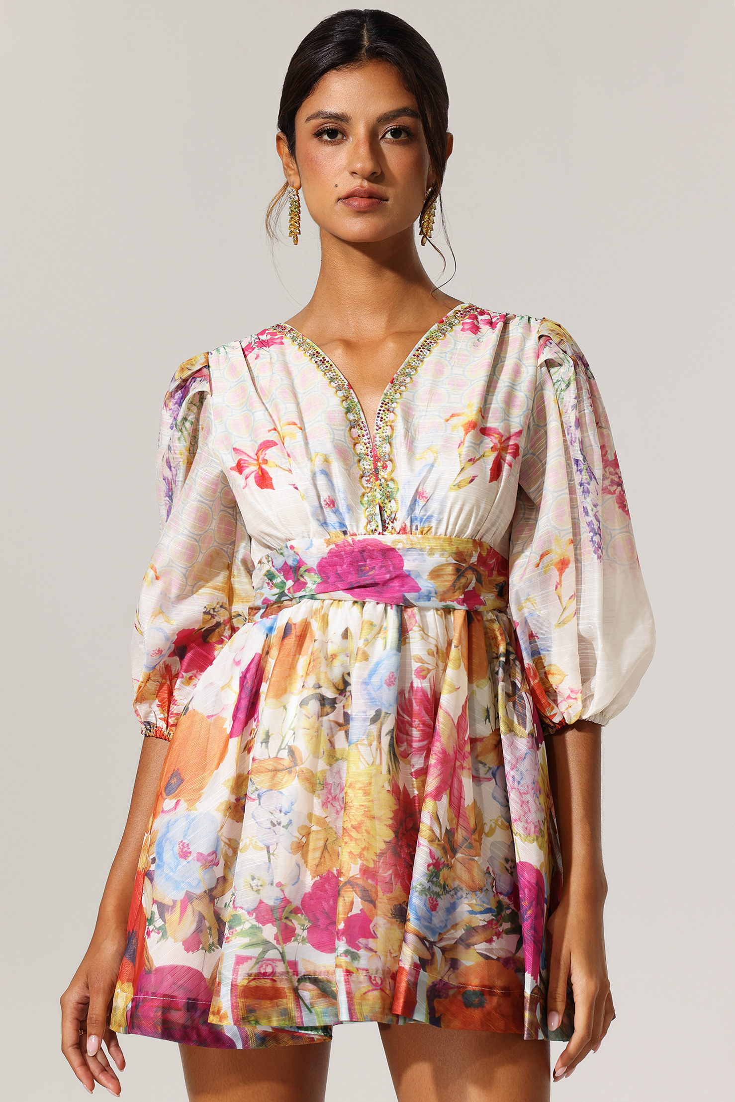 Kuller Floral Printed V-Neck Mini Dress