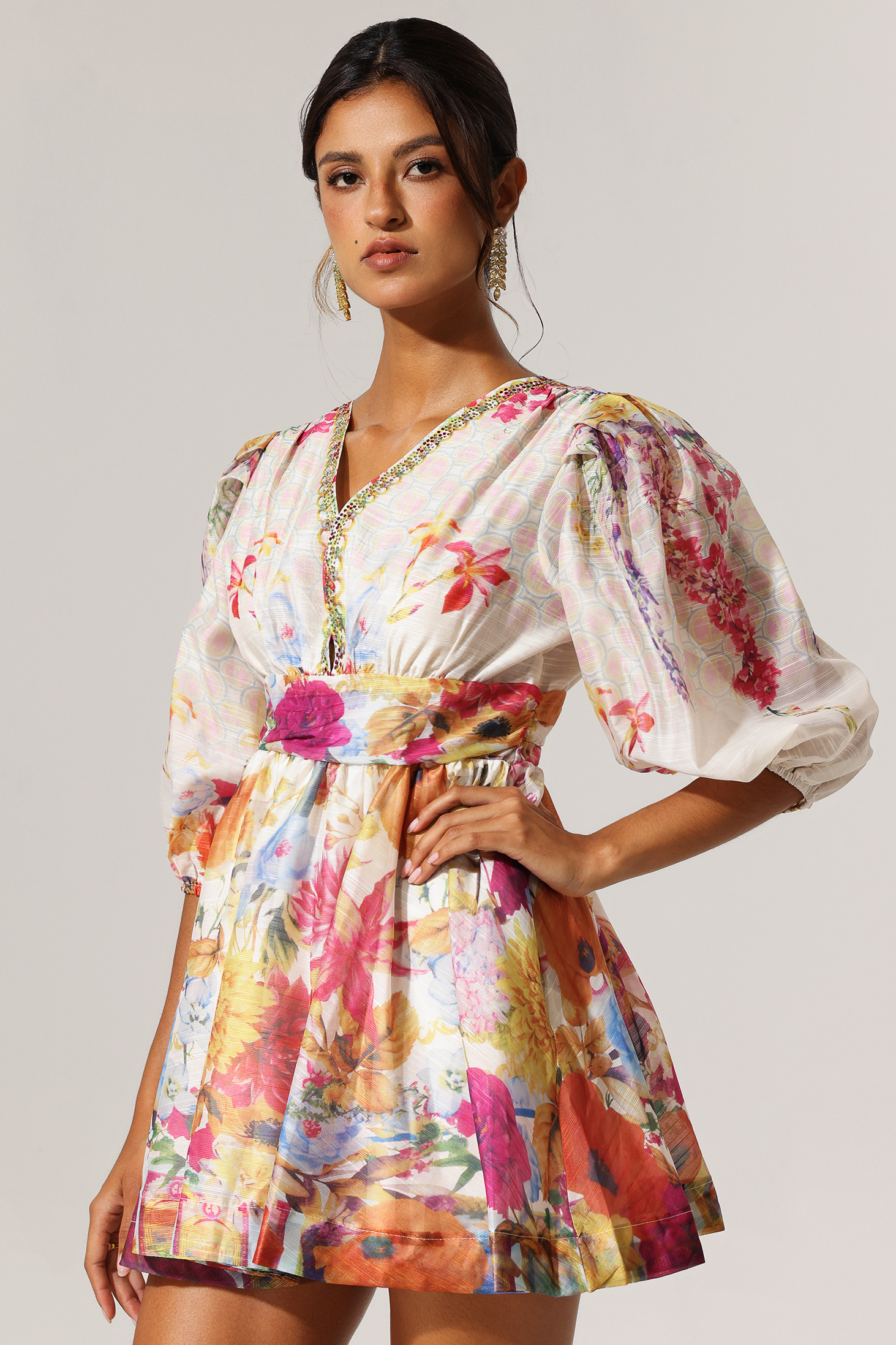 Kuller Floral Printed V-Neck Mini Dress