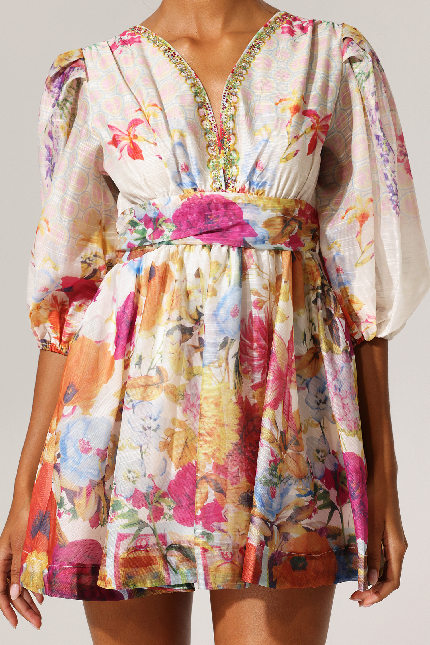 Kuller Floral Printed V-Neck Mini Dress