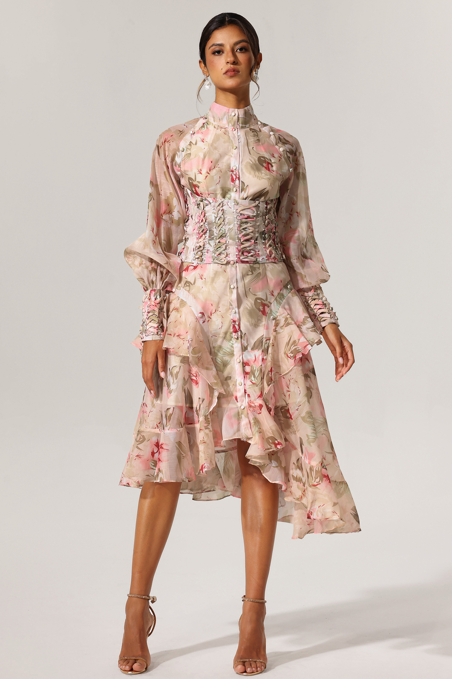 Kidia Lacing Long Sleeves Floral Printed Midi Dress