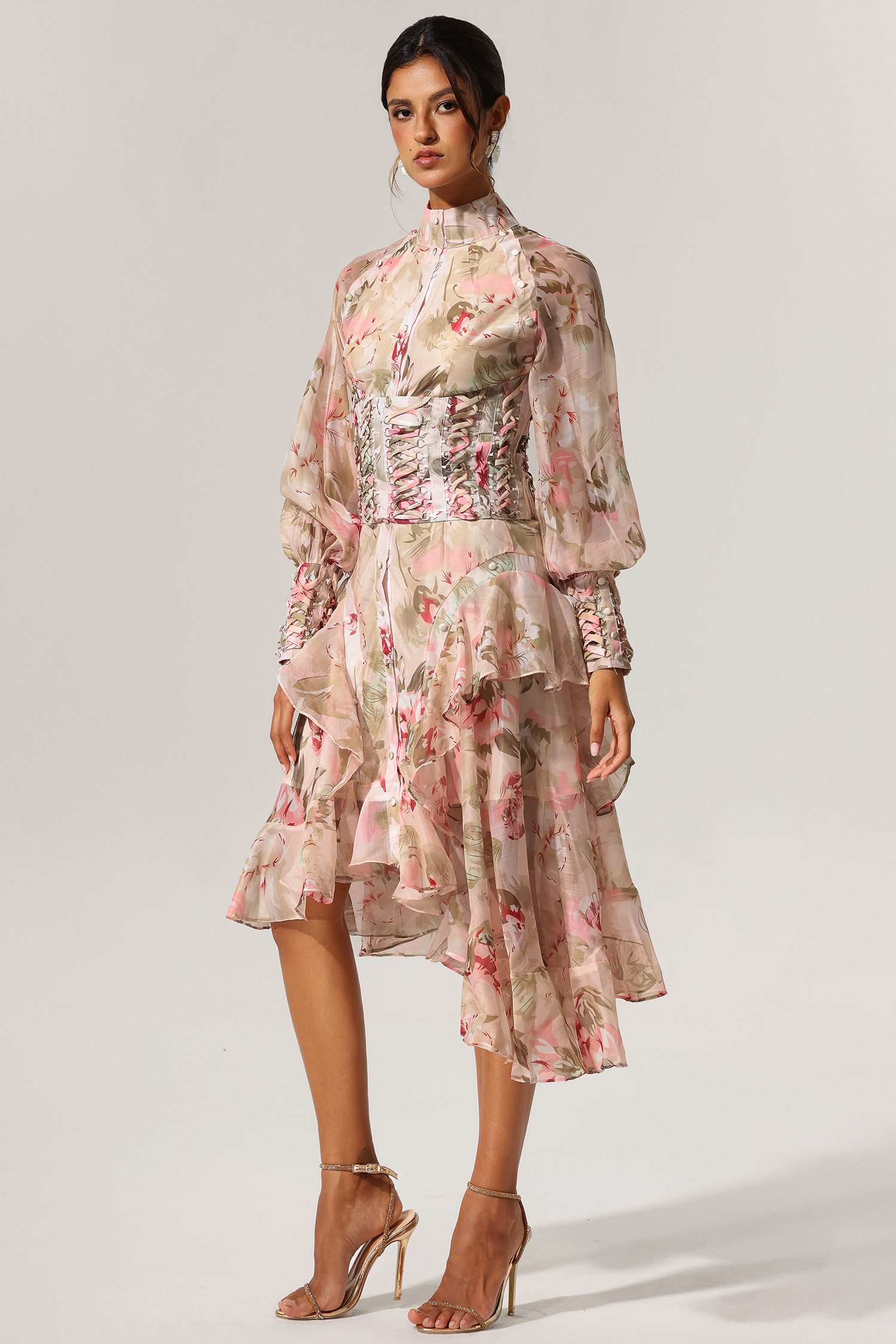 Kidia Lacing Long Sleeves Floral Printed Midi Dress