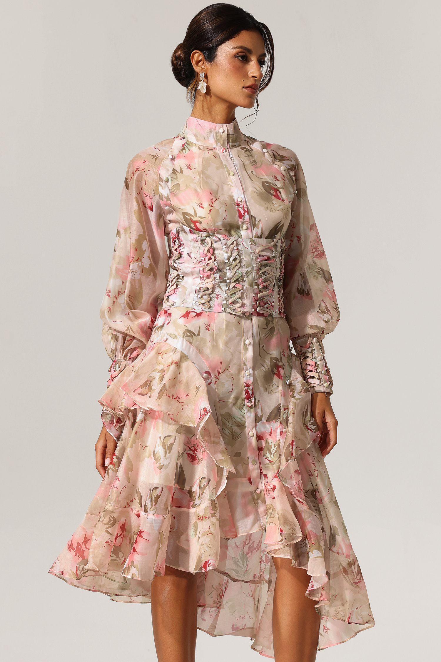 Kidia Lacing Long Sleeves Floral Printed Midi Dress