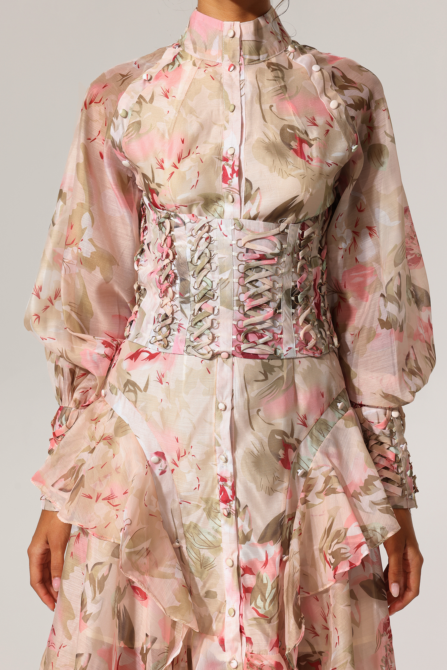 Kidia Lacing Long Sleeves Floral Printed Midi Dress