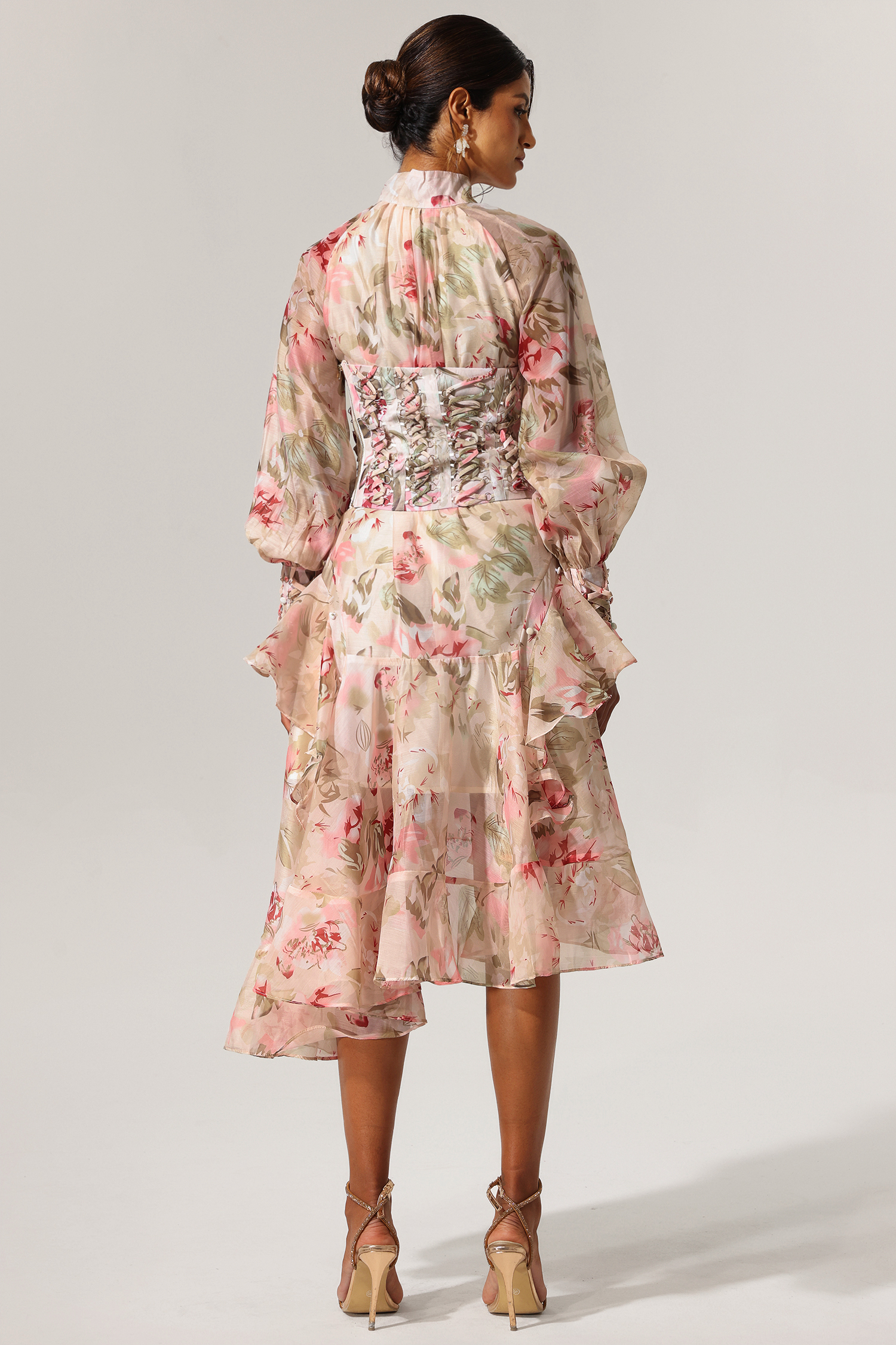 Kidia Lacing Long Sleeves Floral Printed Midi Dress