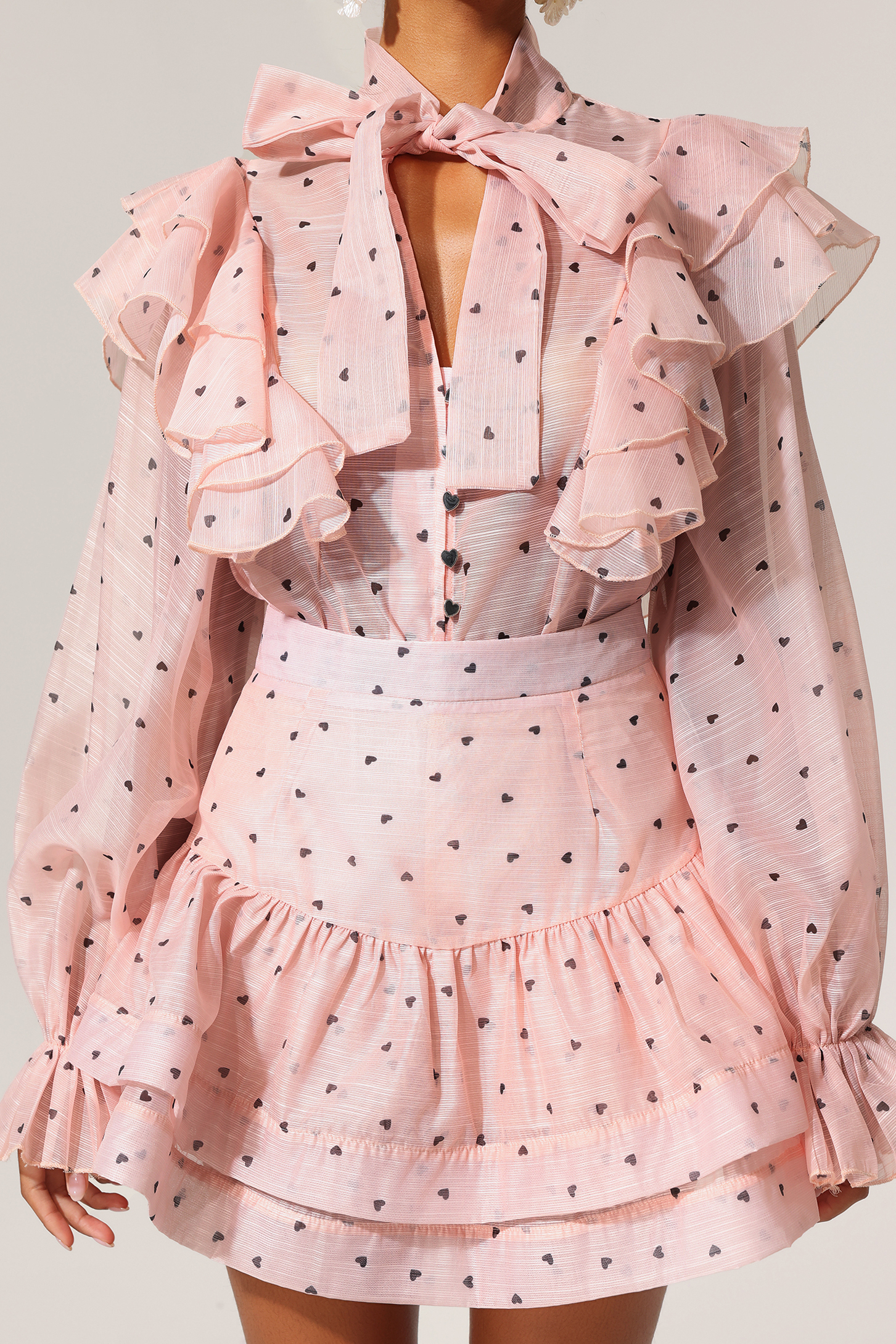 Sahara Rufflede Dot Printed Bowknot Top And Skirt Two-Piece Set