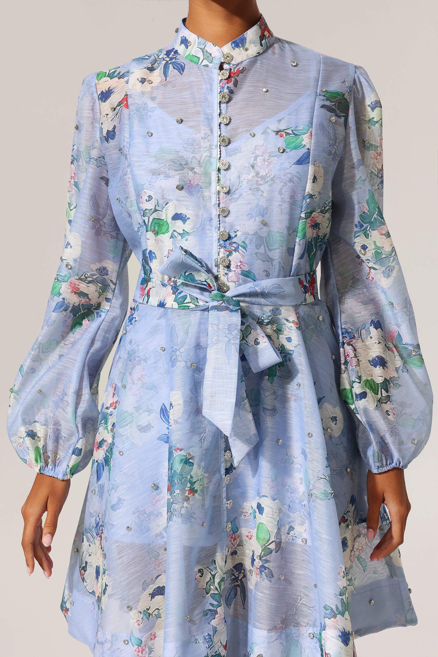Riza Diamond Floral Printed Long Sleeves Mini Dress