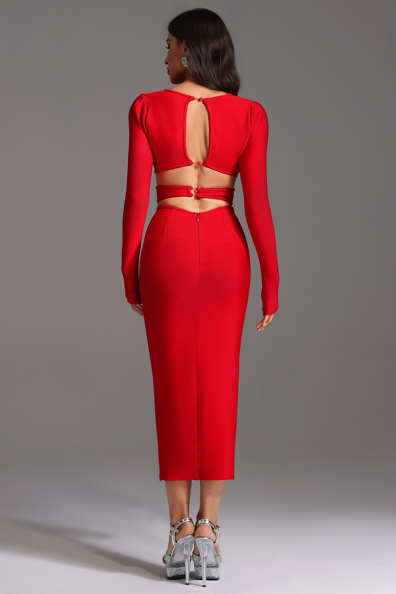 Wille V-Neck Long Sleeve Hollow Out Bandage Midi Dress