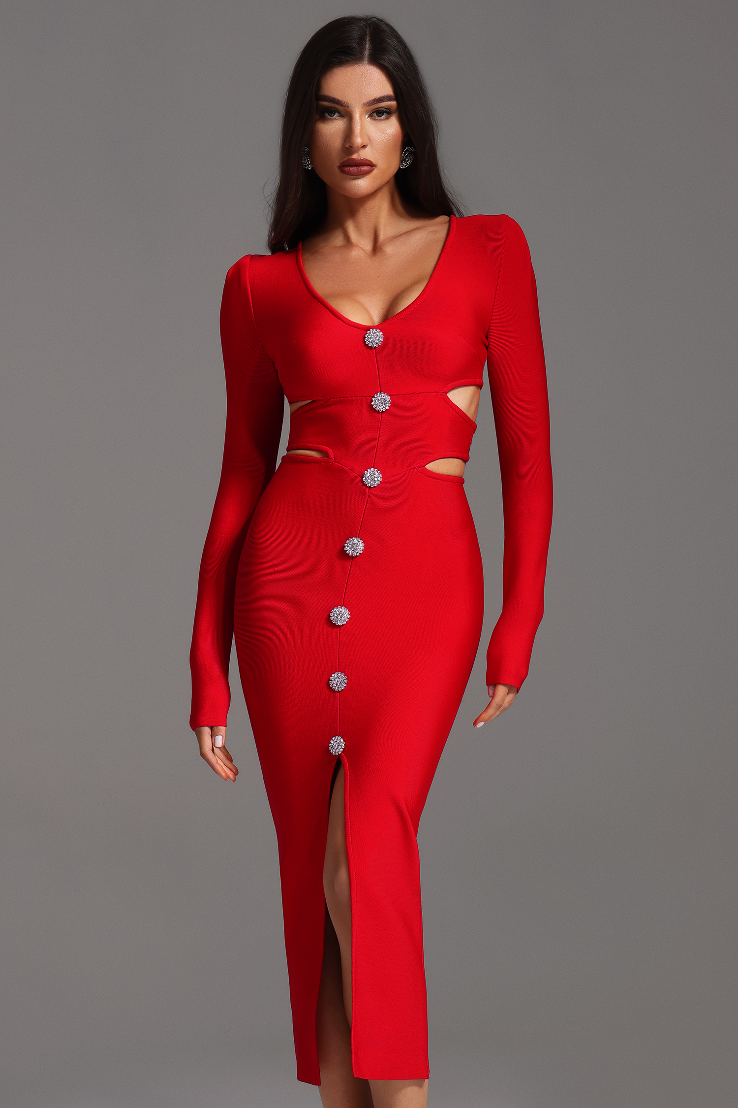 Wille V-Neck Long Sleeve Hollow Out Bandage Midi Dress
