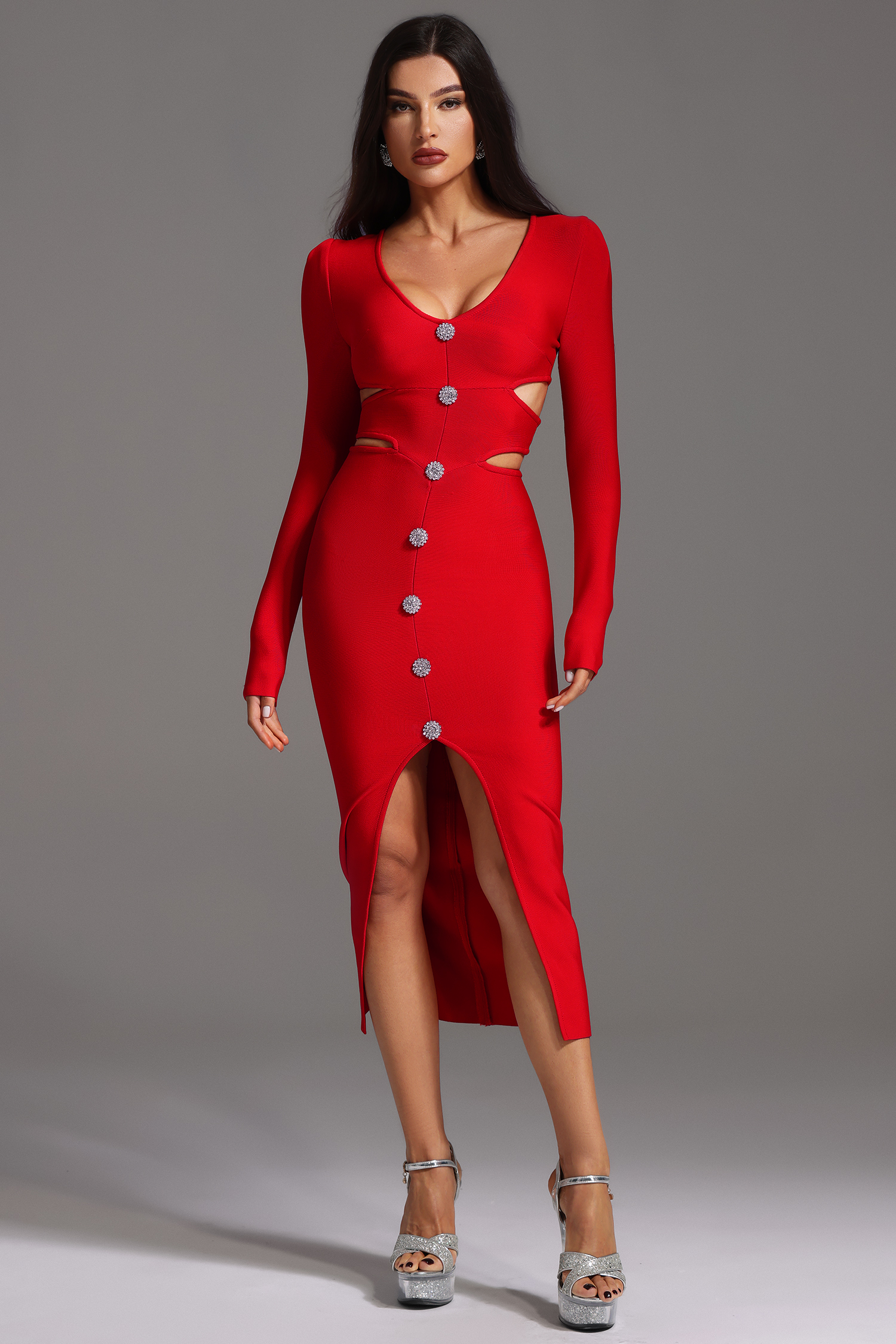 Wille V-Neck Long Sleeve Hollow Out Bandage Midi Dress