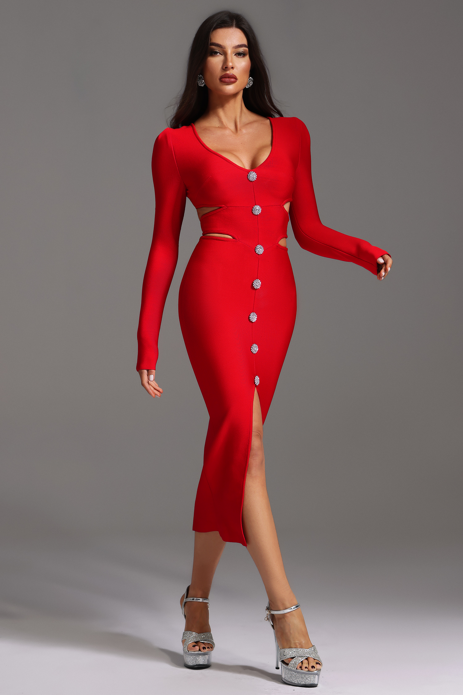 Wille V-Neck Long Sleeve Hollow Out Bandage Midi Dress
