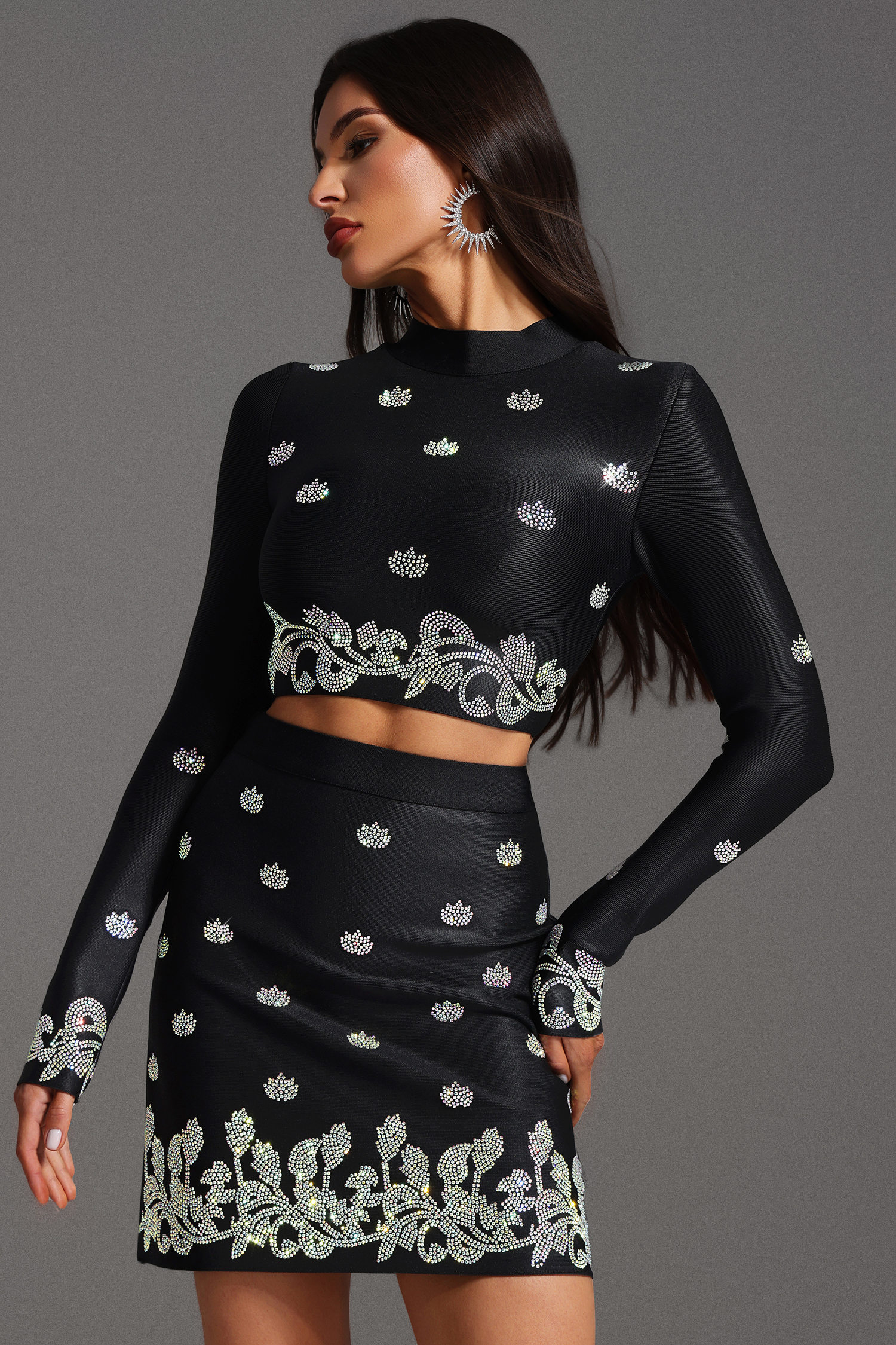 Krystal Choker Long Sleeve Hollow Out Diamond Mini Two-Piece Set