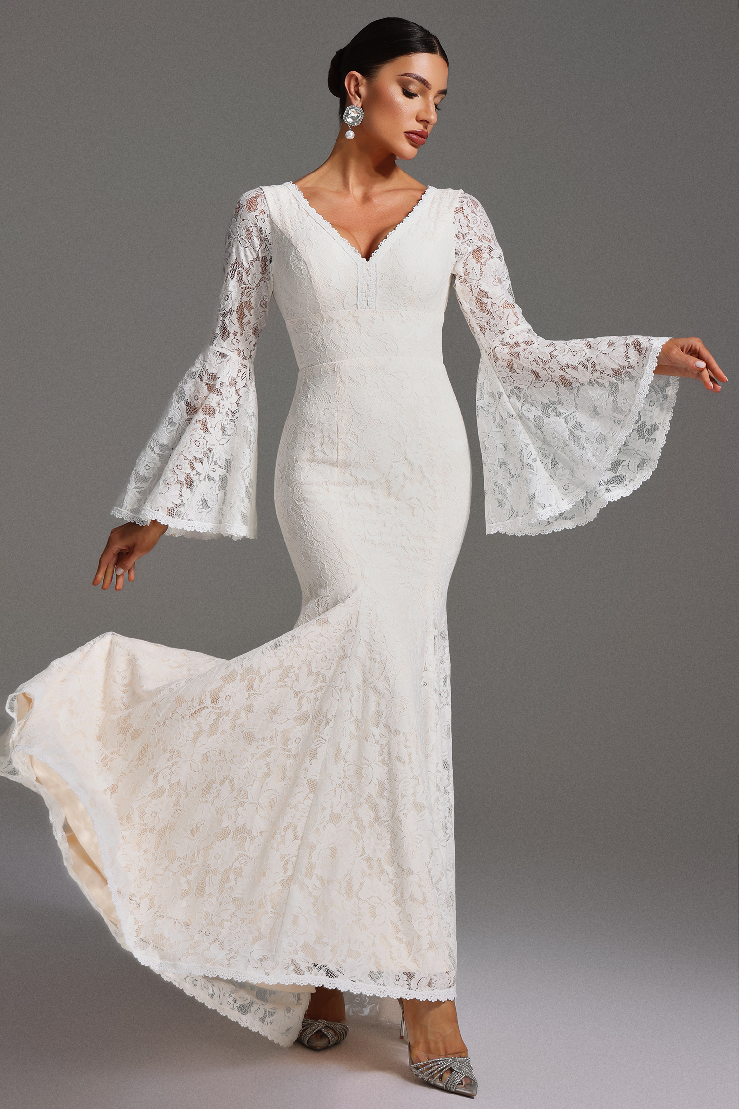 Izara V-Neck Long Sleeve Backless Lace Maxi Dress