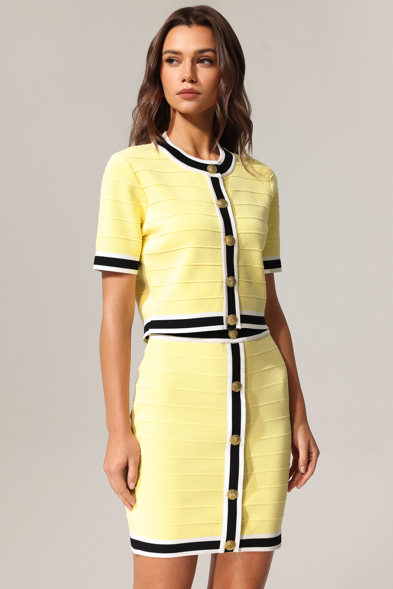 Terela Round Neck Gold Button Top And Skirt Two-Piece Set