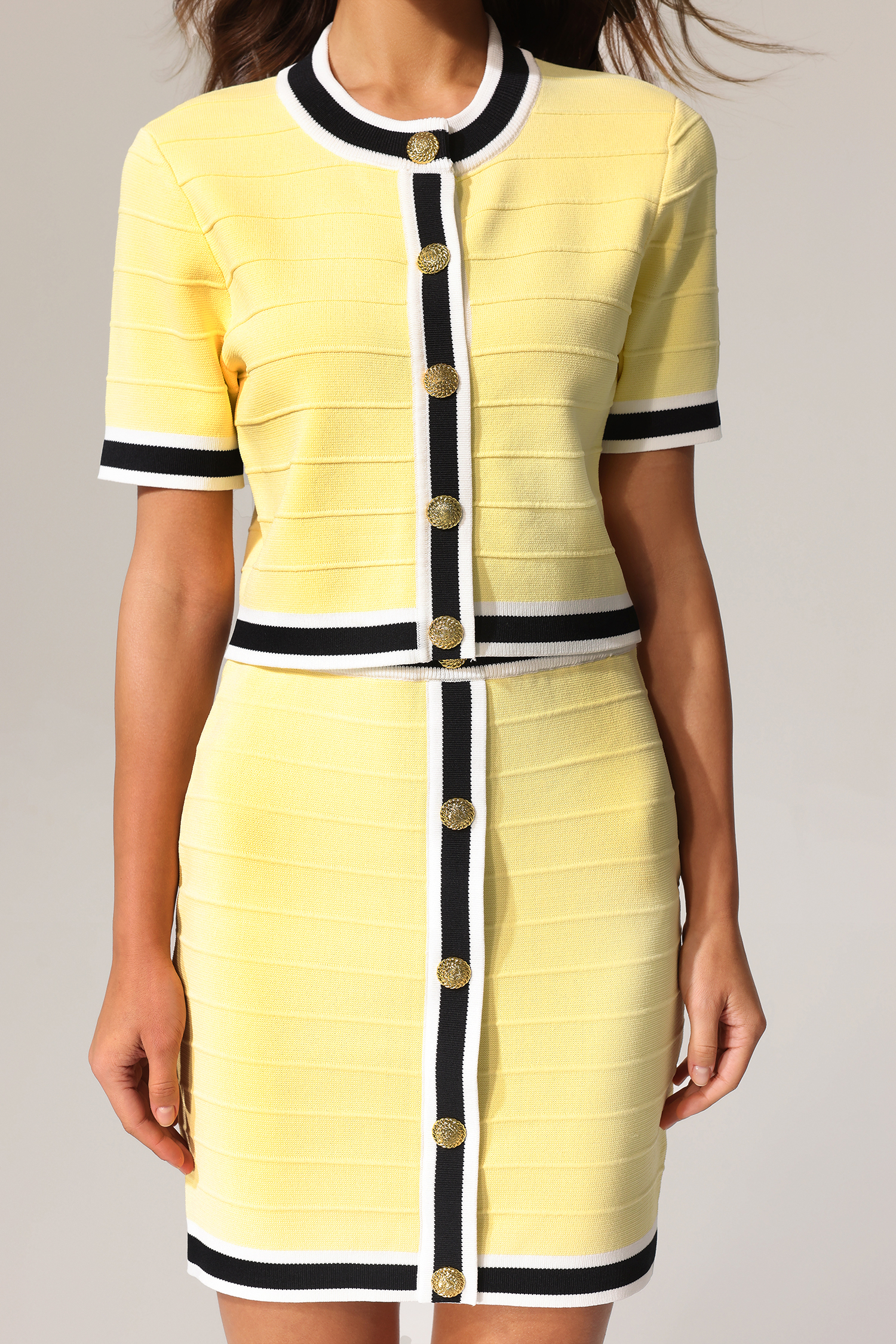 Terela Round Neck Gold Button Top And Skirt Two-Piece Set