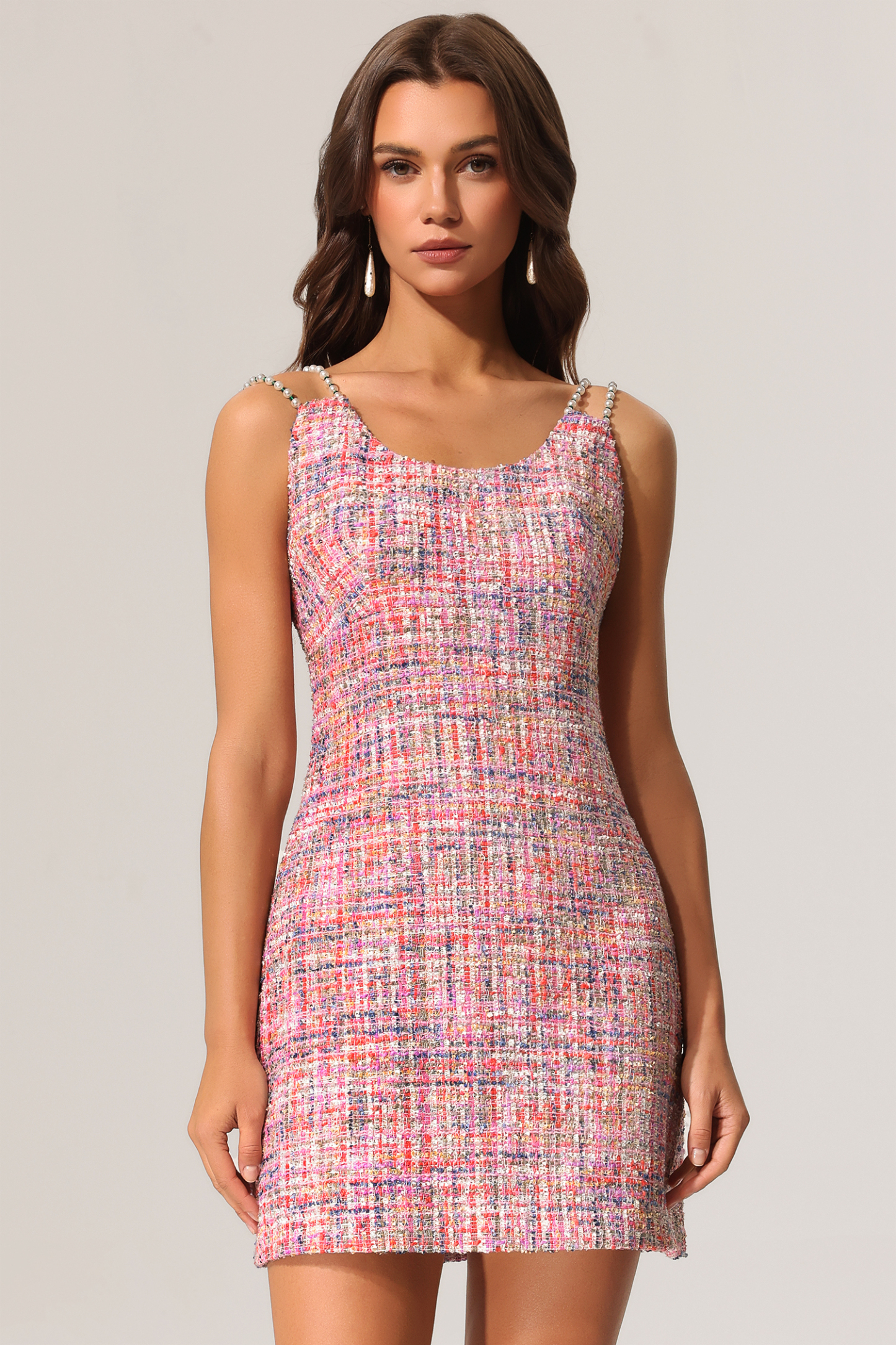 Perrine Round Neck Bradde Chain Sleeveless Tweed Mini Dress