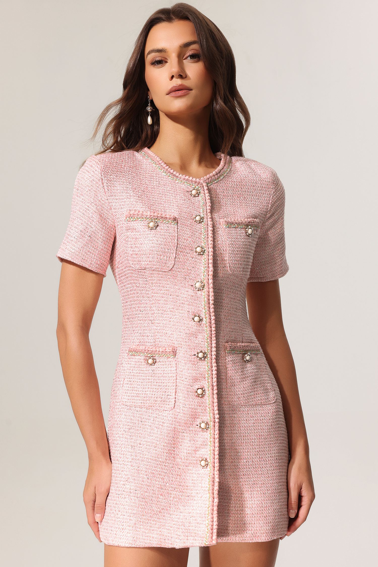 Heisel Round Neck Pearl Button Short Sleeves Tweed Mini Dress