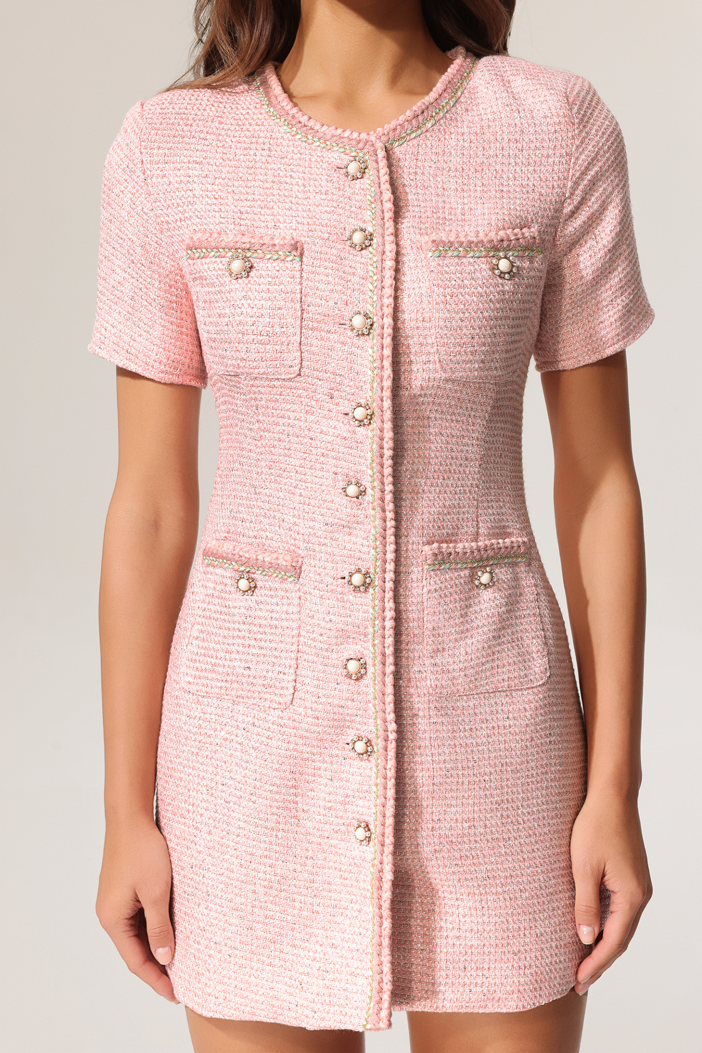 Heisel Round Neck Pearl Button Short Sleeves Tweed Mini Dress