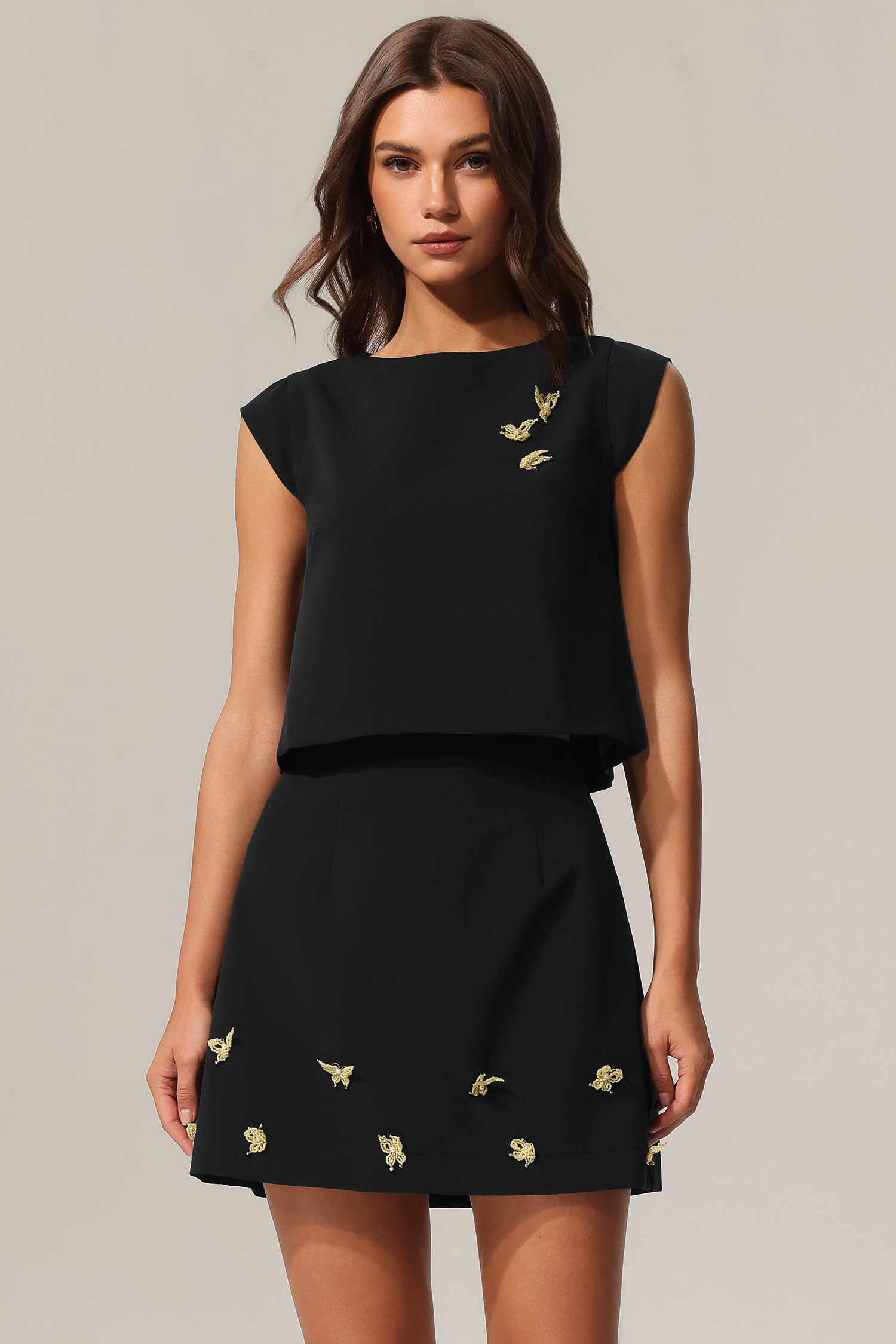 Saniyah Round Neck Butterfly Sleeveless Top And Skirt Two-Piece Set