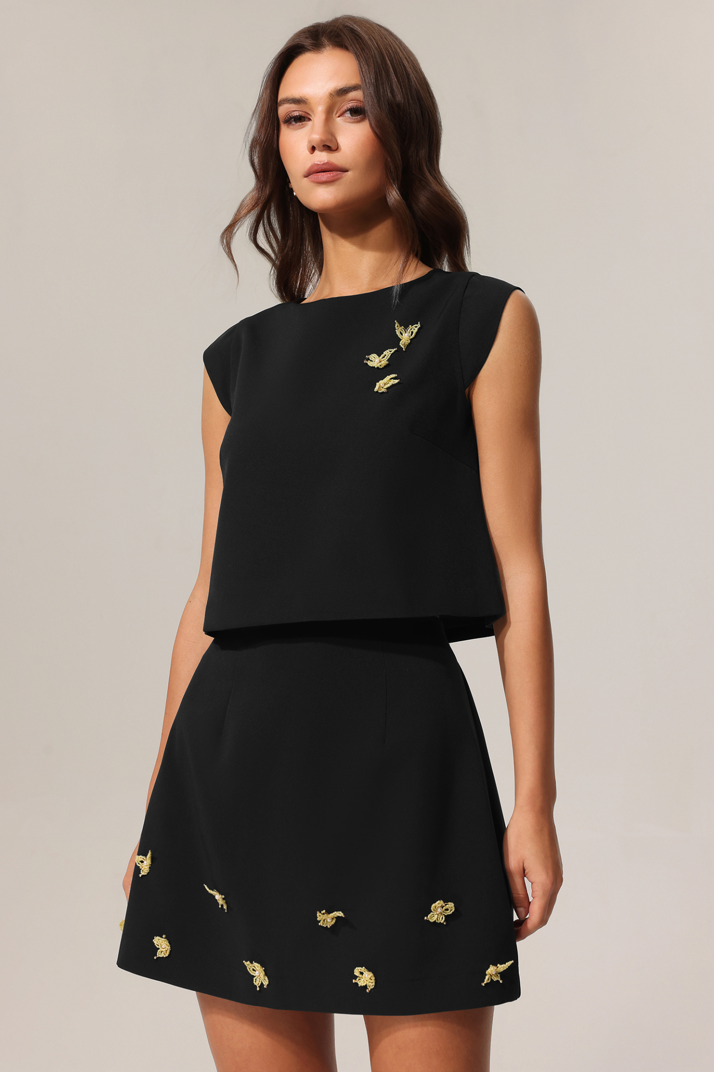 Saniyah Round Neck Butterfly Sleeveless Top And Skirt Two-Piece Set