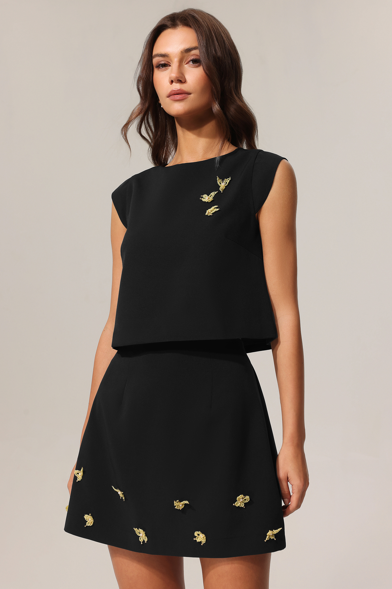 Saniyah Round Neck Butterfly Sleeveless Top And Skirt Two-Piece Set