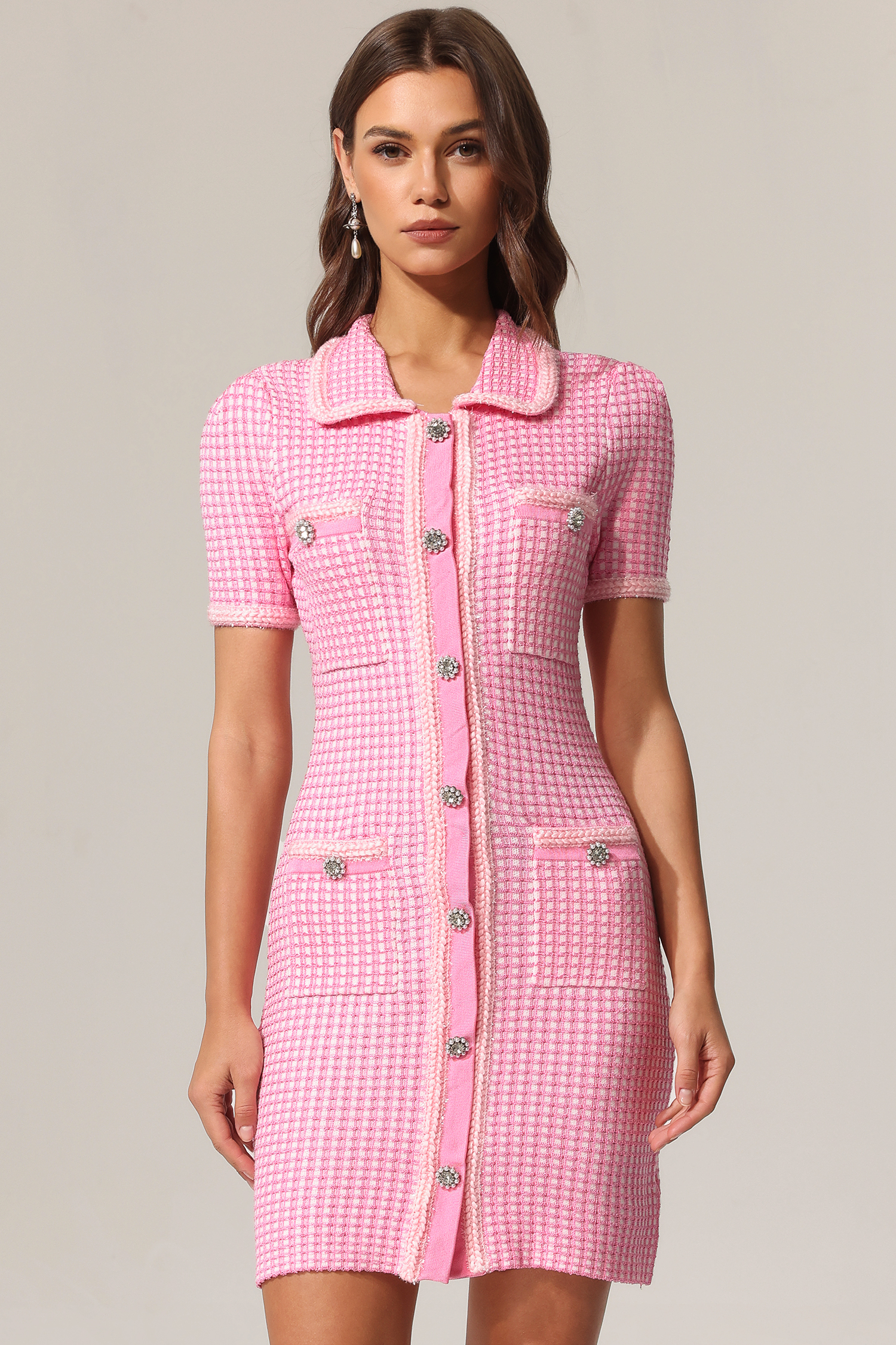 Miyasa Lapel Diamond Button Tweed Mini Dress