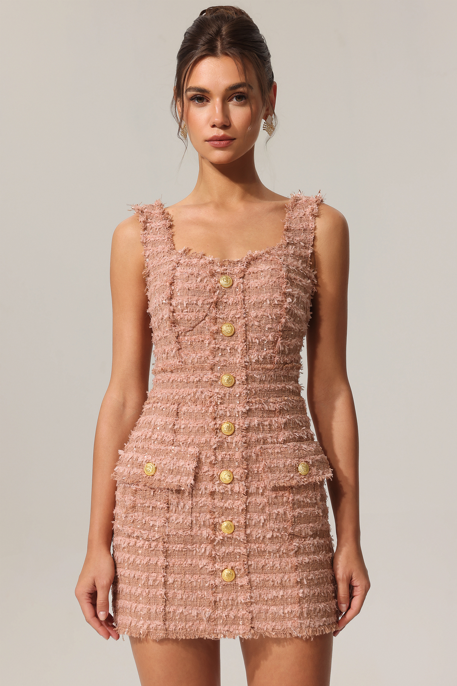Taliesin Gold Button Halter Tweed Mini Dress