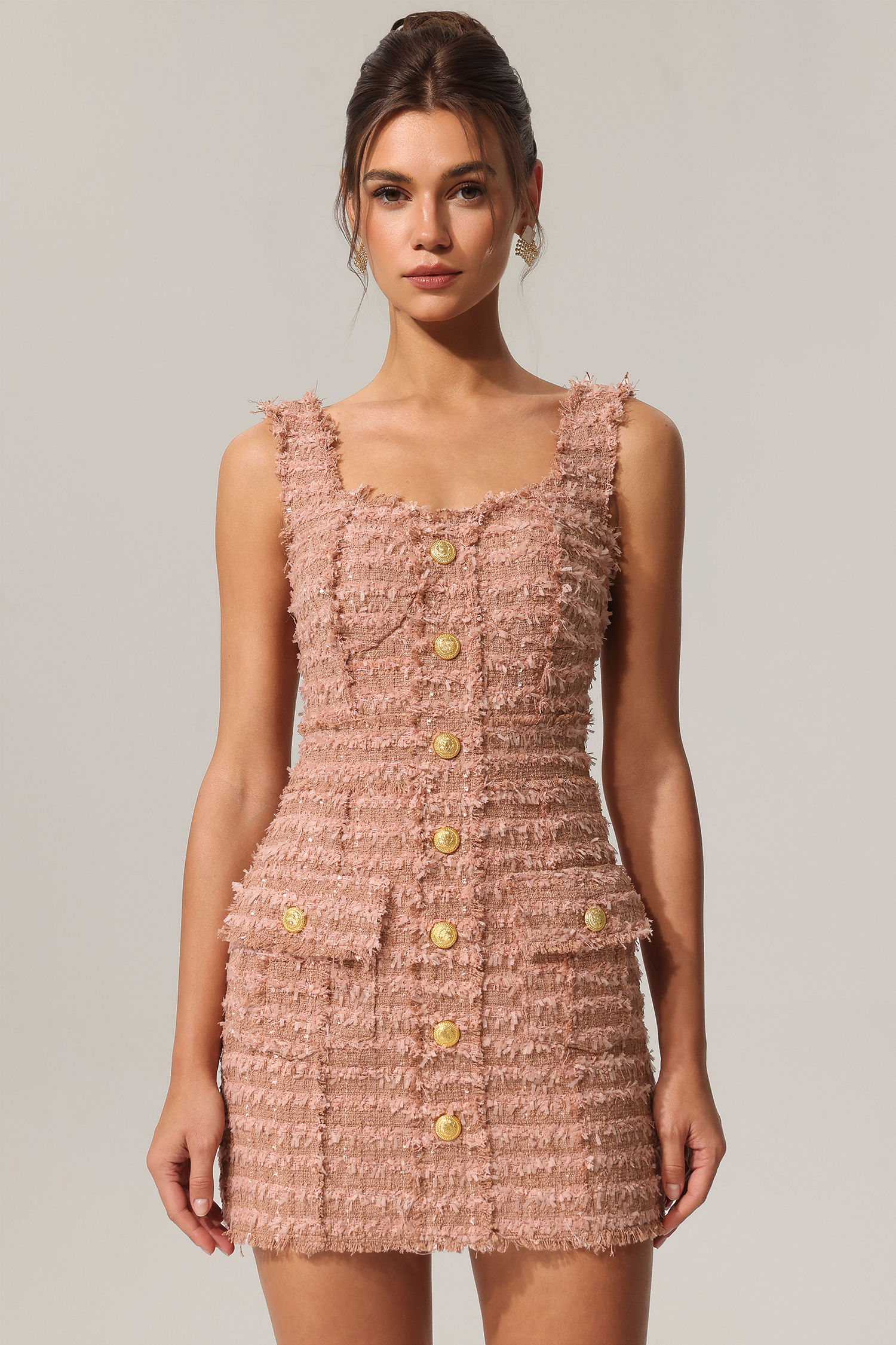 Taliesin Gold Button Halter Tweed Mini Dress