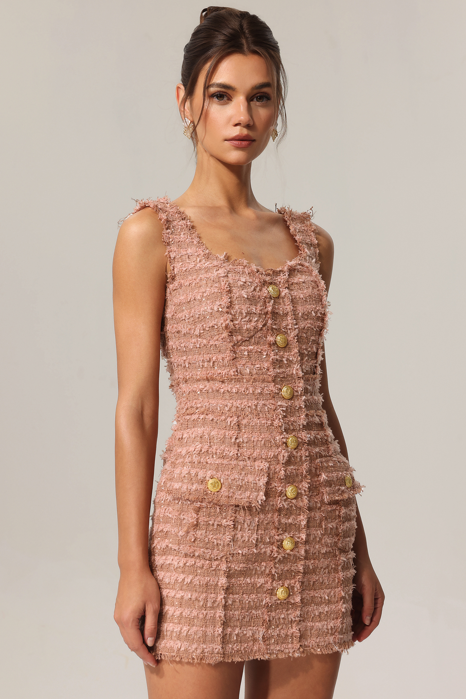 Taliesin Gold Button Halter Tweed Mini Dress