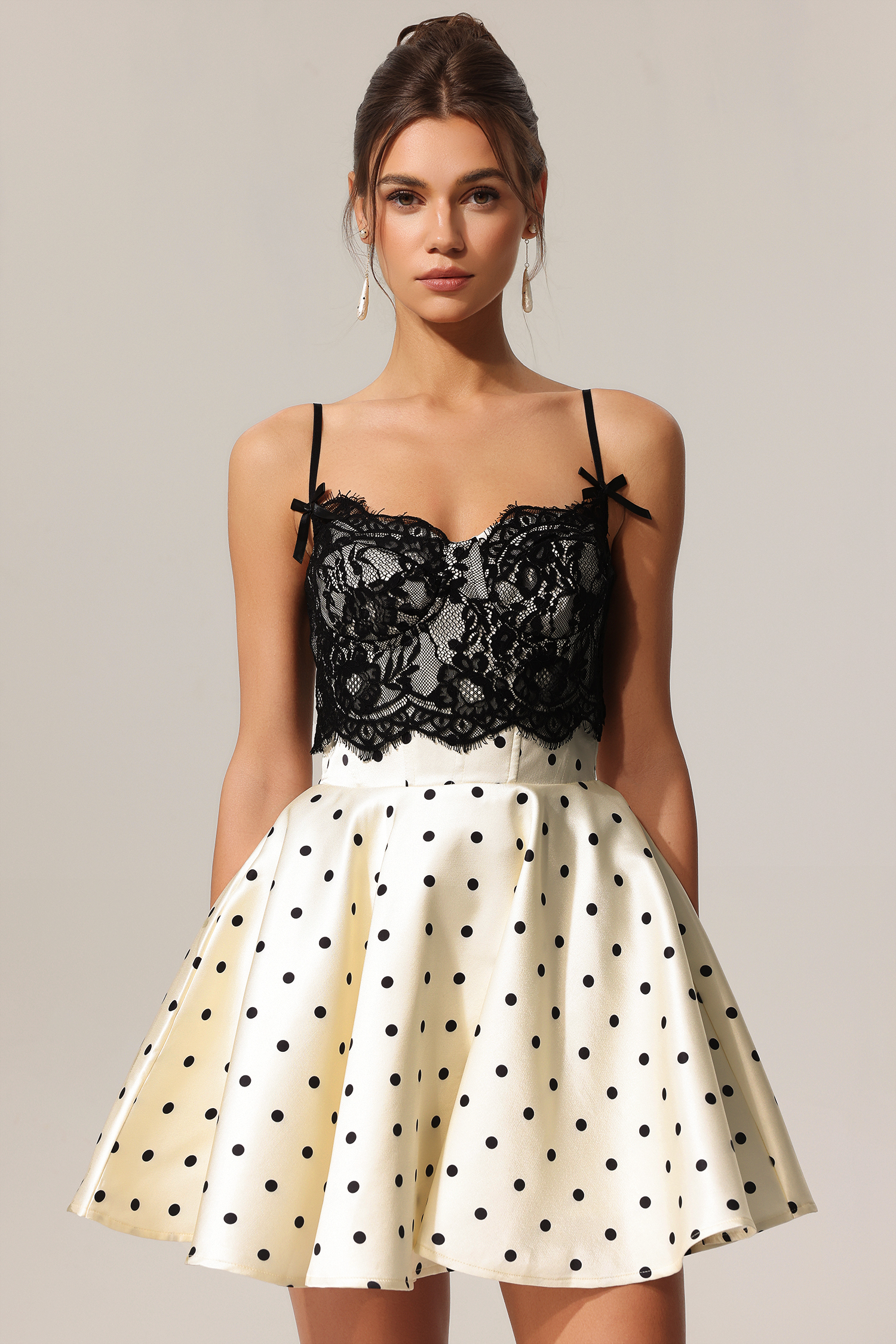Kapol Dot Printed Lace Halter Mini Dress